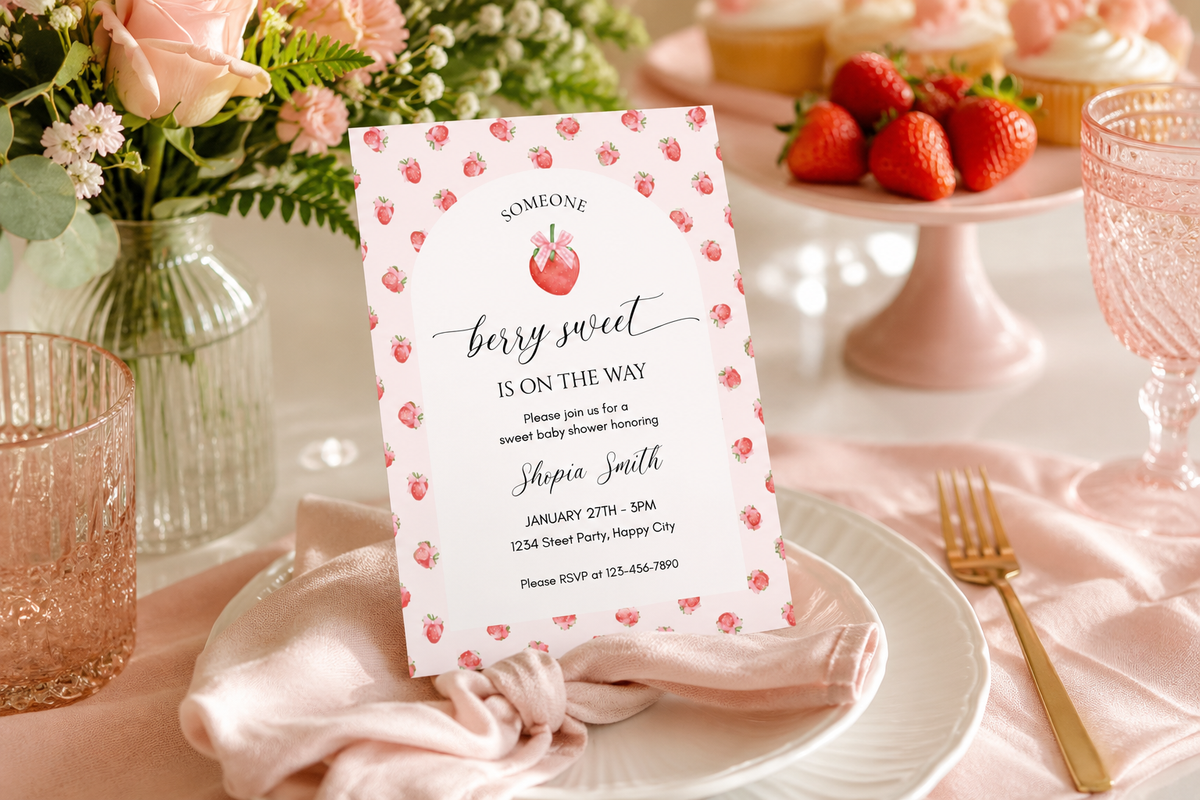 Strawberry-themed baby shower table featuring a Berry Sweet invitation, pink table decor, fresh strawberries, flowers and elegant party styling.