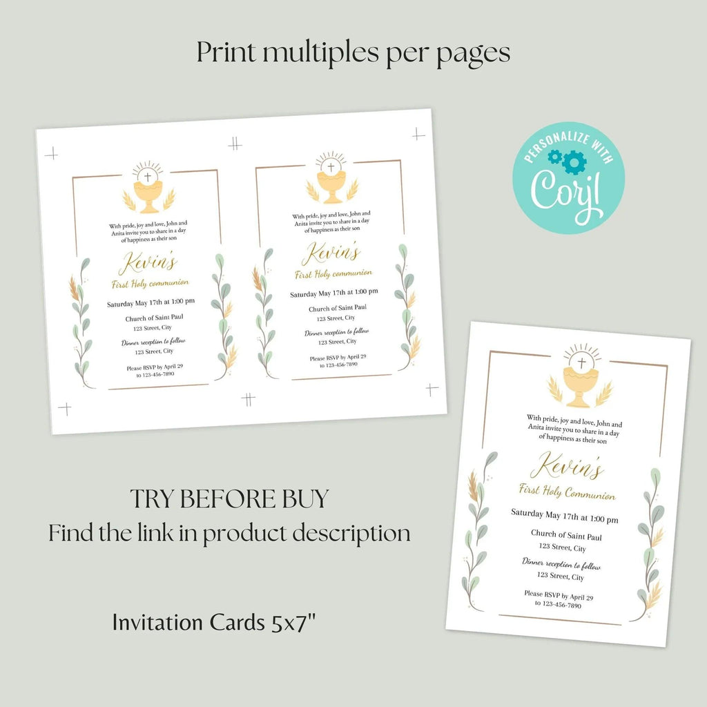 First Holy Communion, Invitation Template, Elegant Communion Invite, Editable First Communion Invitation Boy, Instant Download - Lovely Printable Party