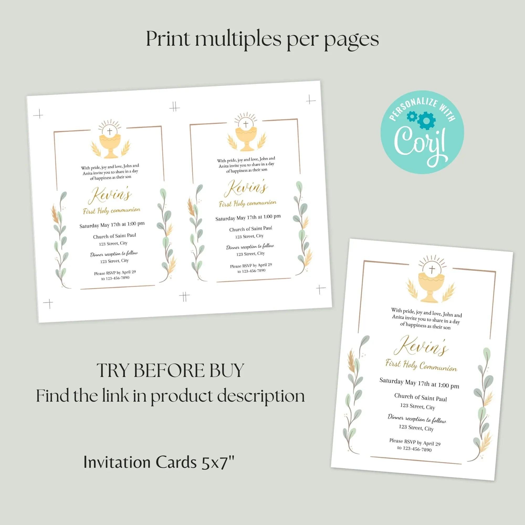 First Holy Communion, Invitation Template, Elegant Communion Invite, Editable First Communion Invitation Boy, Instant Download - Lovely Printable Party