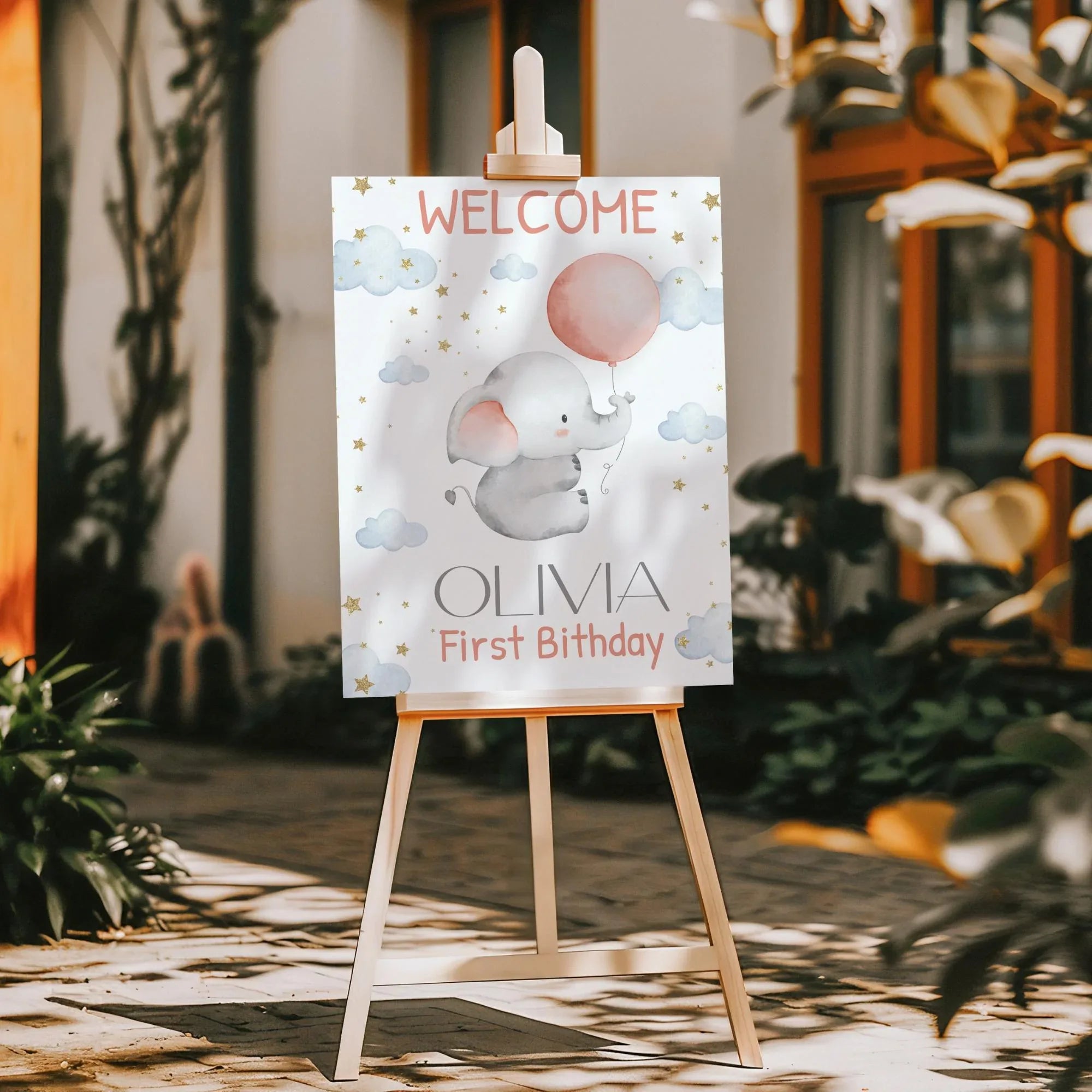 Baby Elephant Birthday Welcome Sign - Editable Corjl Template - Lovely Party