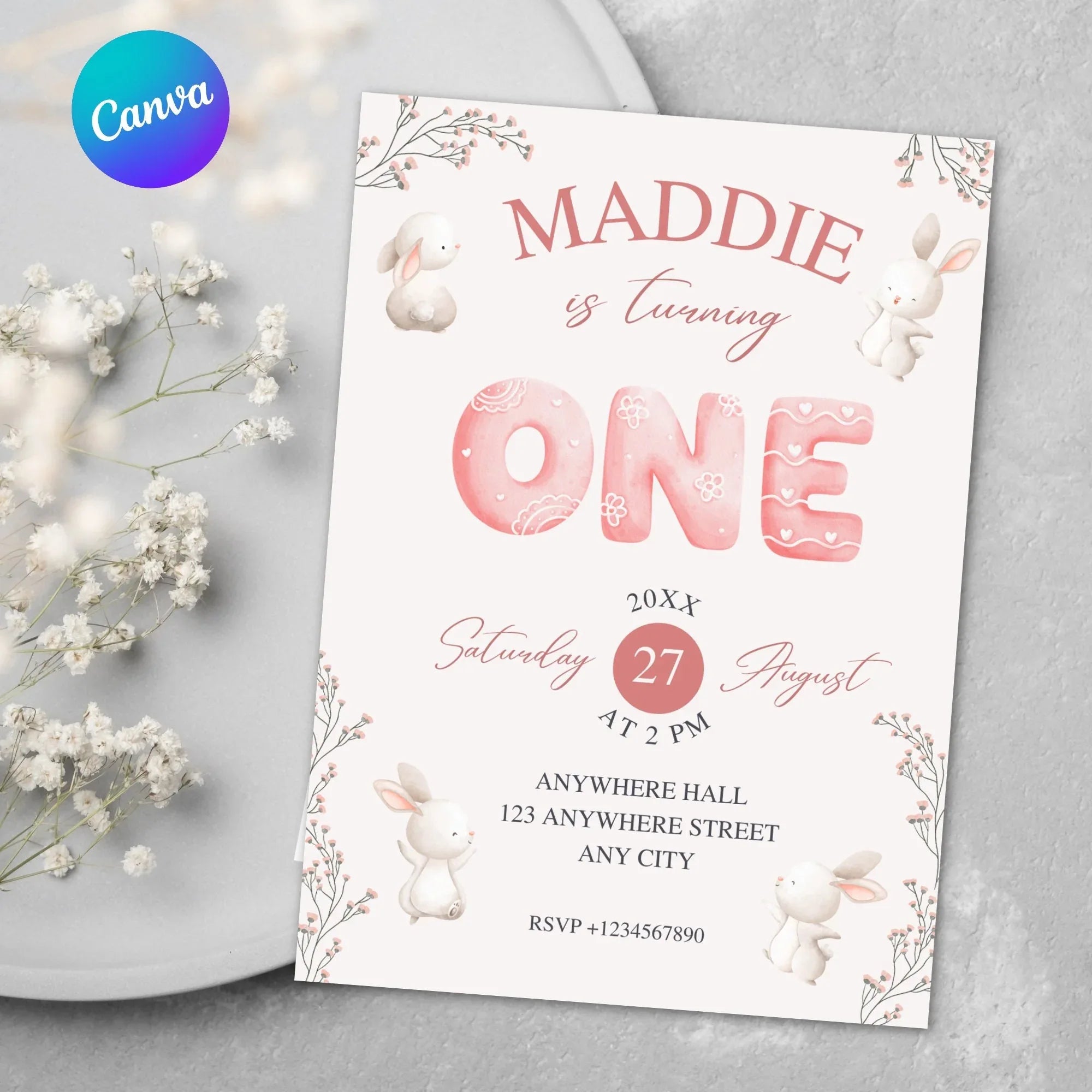 Watercolor Rabbit Birthday Invitation, Rabbit 1st Birthday Invite, Girl Bunny Birthday, Pink Floral, Editable Bunny, Invite Template - Lovely Party