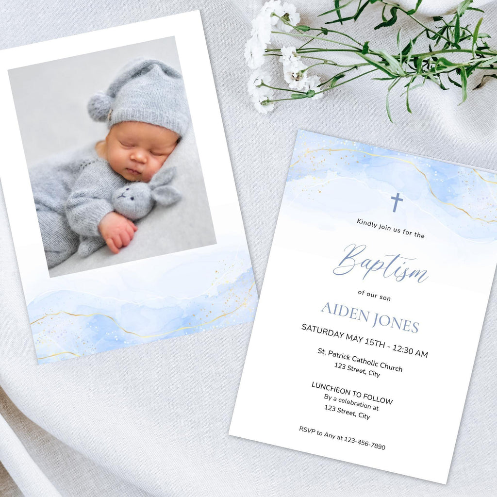 Blue Baptism Invitation Boy Editable Template – Digital Christening Card with Photo – Corjl Baby Boy Baptism Invite - Lovely Printable Party