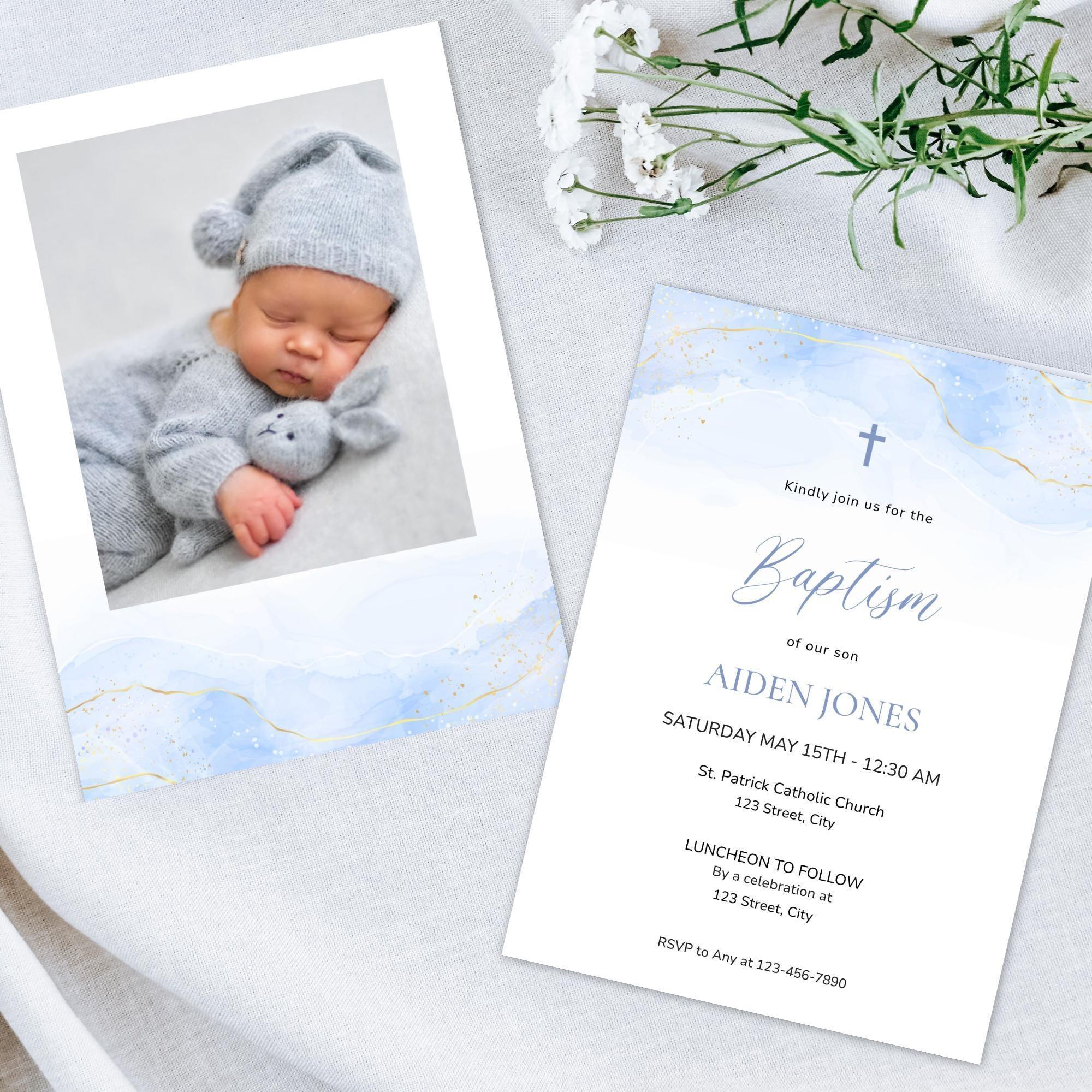 Blue Baptism Invitation Boy Editable Template – Digital Christening Card with Photo – Corjl Baby Boy Baptism Invite - Lovely Printable Party