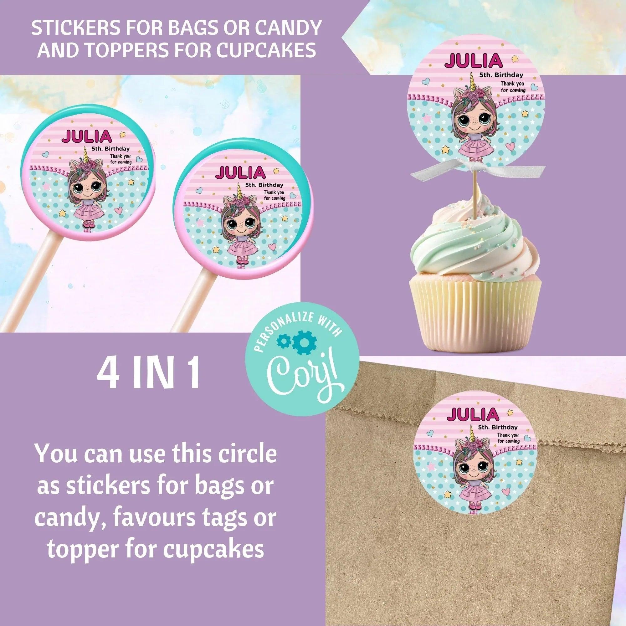 Doll Birthday Party Bundle Pack Sticker, Editable Sticker, Doll Birthday Tag, Doll party favor label, Instant Download, Doll topper - Lovely Printable Party