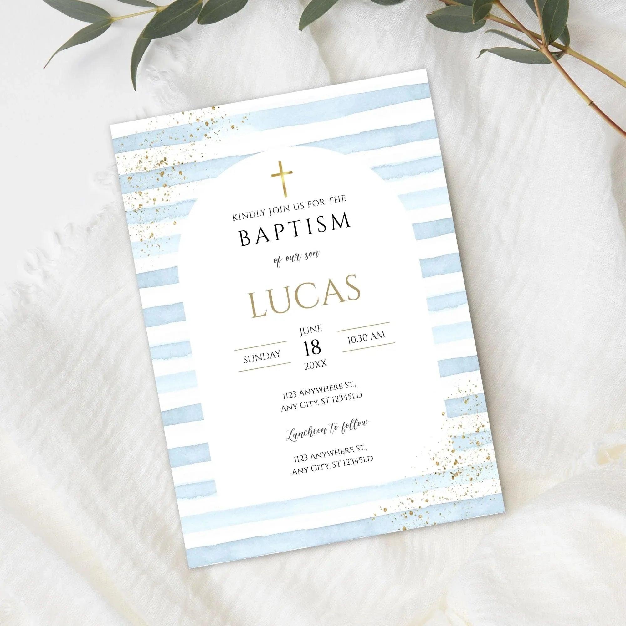 Editable Boy Baptism Invitation | Blue Gold Christening Template | Catholic Baptism Corjl | Instant Download Digital Invite - Lovely Printable Party