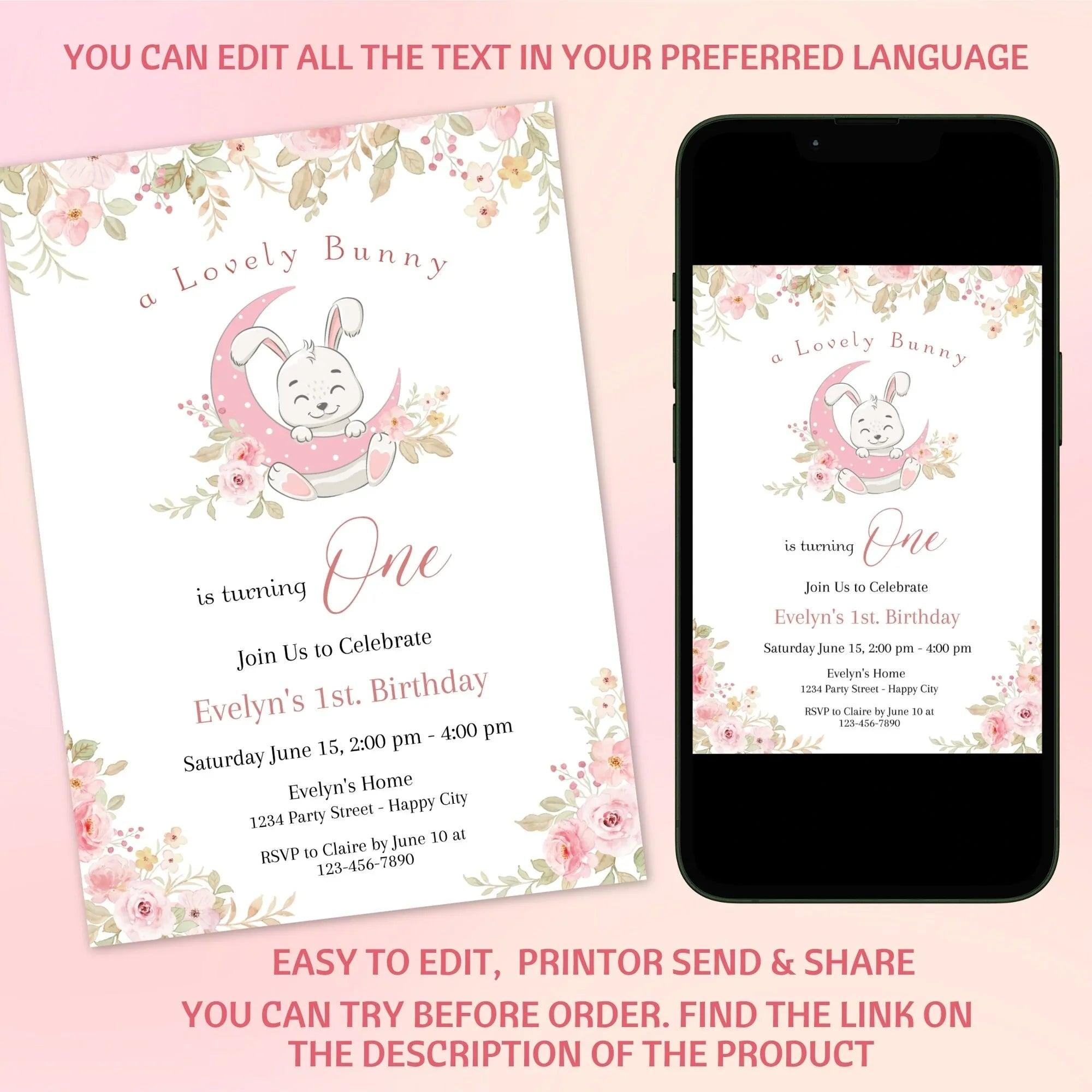 Rabbit party pack, Bundle Bunny, Pink Floral, Invitation, Welcome Sign, Printable Bunny 1st Birthday, Girl Rabbit Party, Digital Editable - Lovely Printable Party