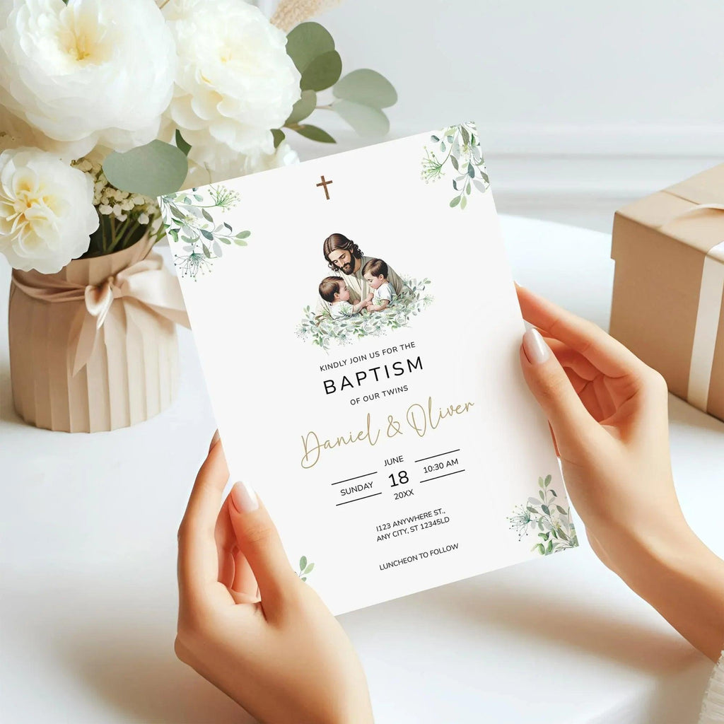 Editable Baptism Invitation • Twins Baby Boys • Corjl Template • Christening Invitation with Jesus and Greenery - Lovely Printable Party