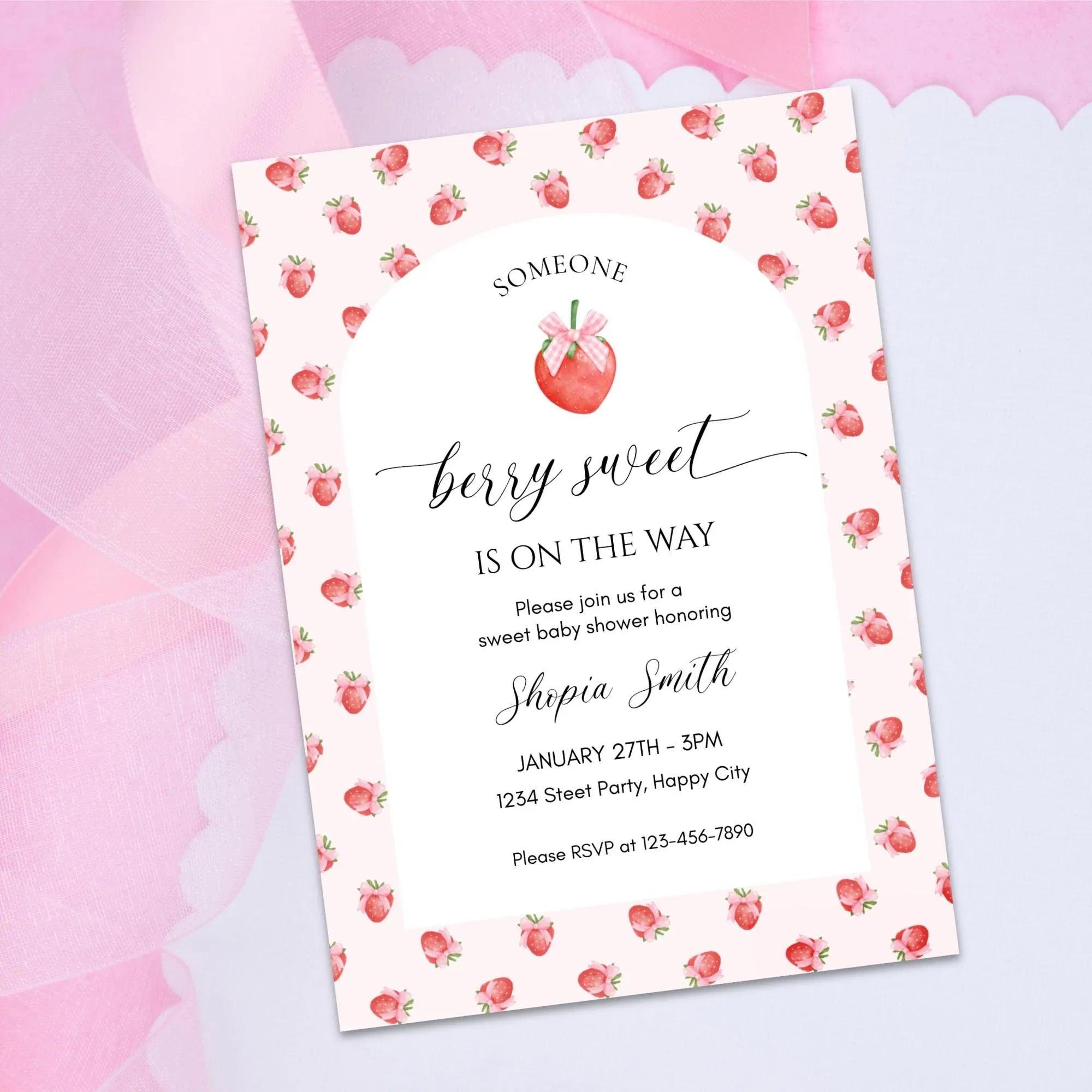Strawberry Baby Shower Invitation Template, Berry Sweet Baby on the Way Invite, Berry Sweet Invitation, Printable Invite, Shower Evite - Lovely Printable Party