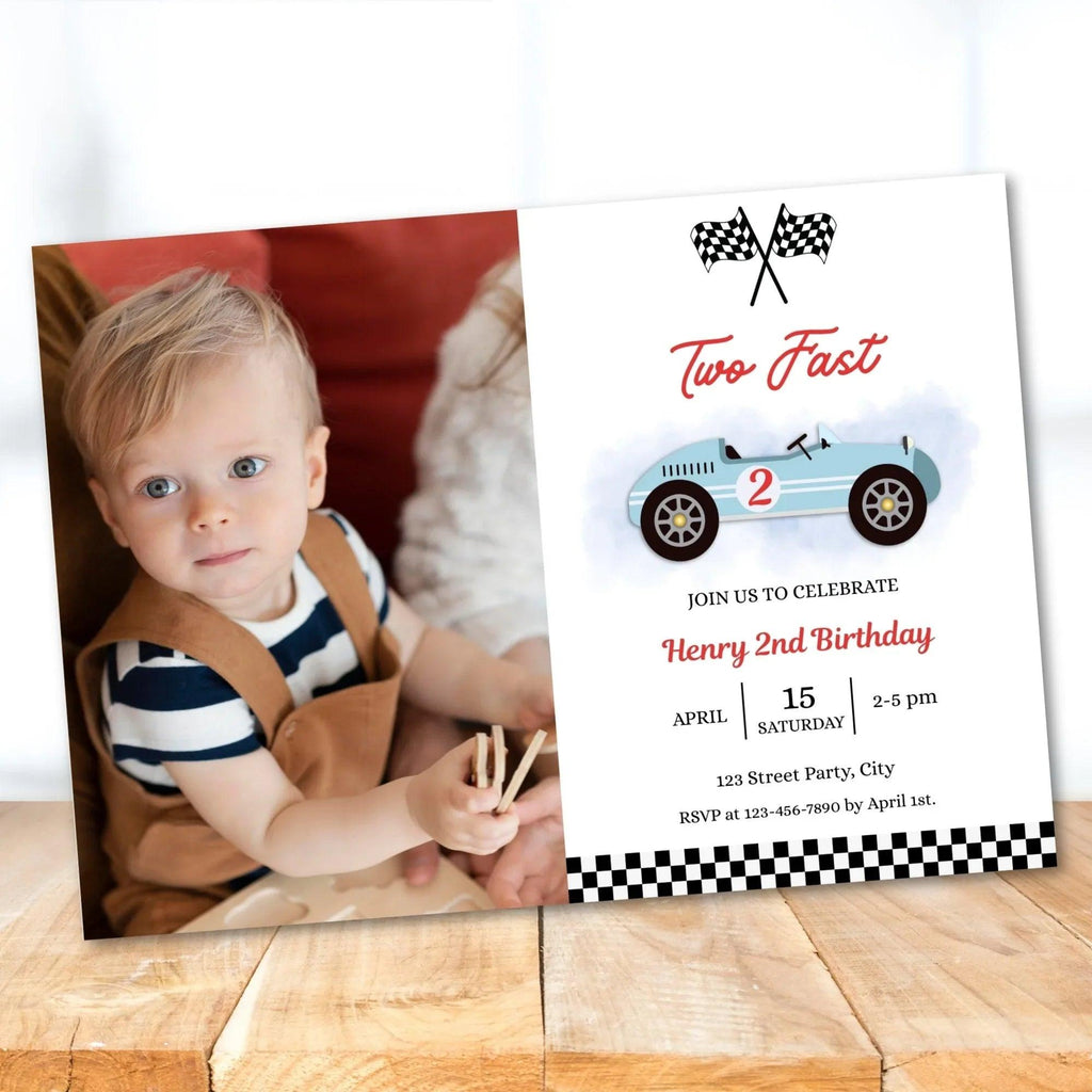 Two Fast Invitation with photo, Vintage Race, 2nd Birthday Invitation, Retro Car Invite, Instant Download, Editable - Lovely Printable Party