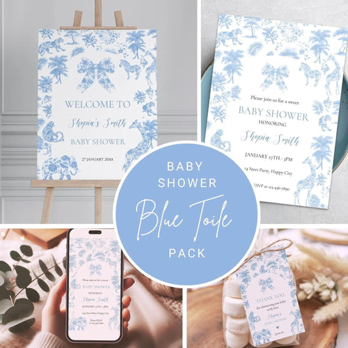 Blue Toile de Jouy Baby Shower Bundle – Invitation, Welcome Sign & Favor Tag – Safari Jungle Animals Party Set – Editable and Printable - Lovely Printable Party