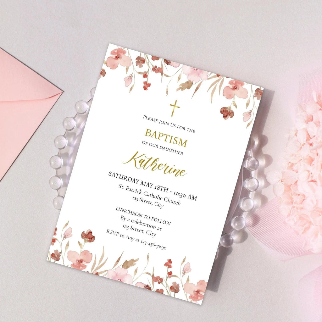 Pink Flowers Baptism Invitation Template, Custom Baptism Invite, Editable Baptism Invitation, Girl Baptism Invite - Lovely Printable Party