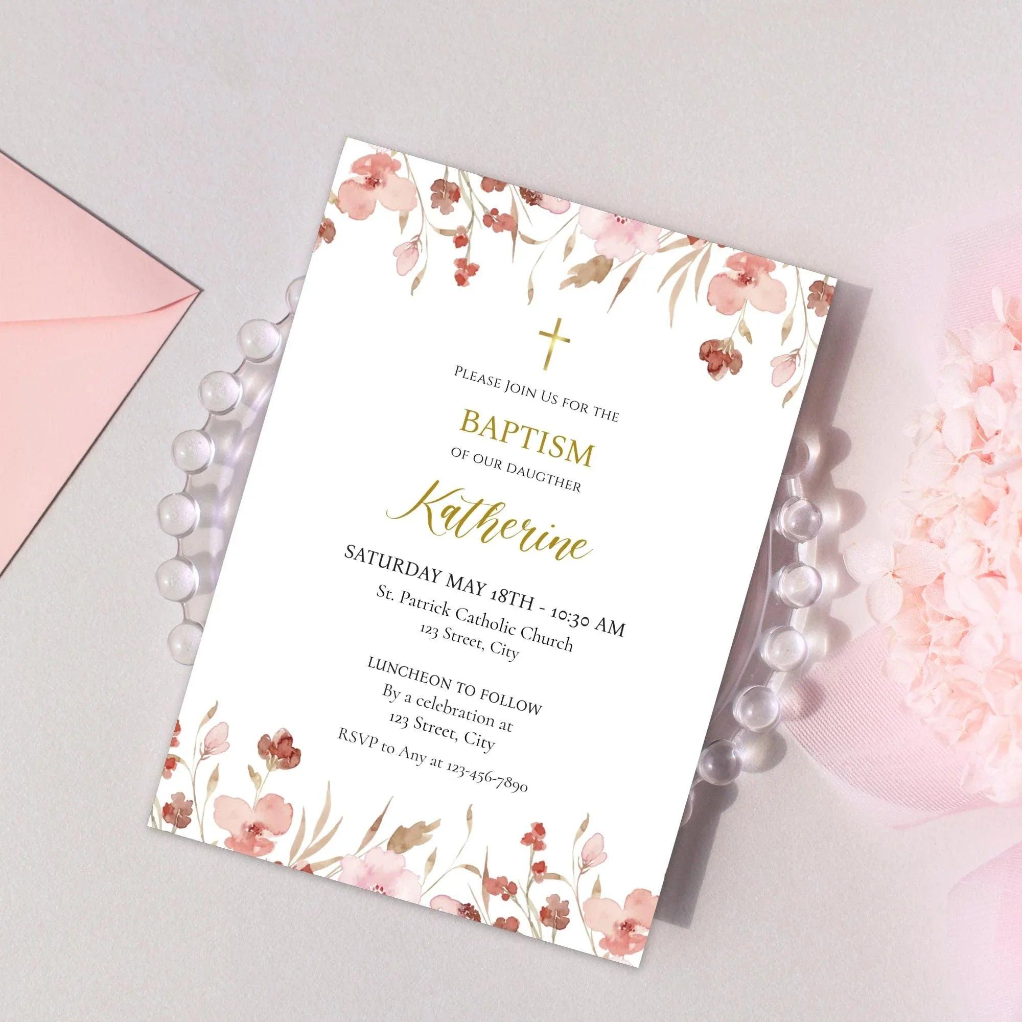 Pink Flowers Baptism Invitation Template, Custom Baptism Invite, Editable Baptism Invitation, Girl Baptism Invite - Lovely Printable Party