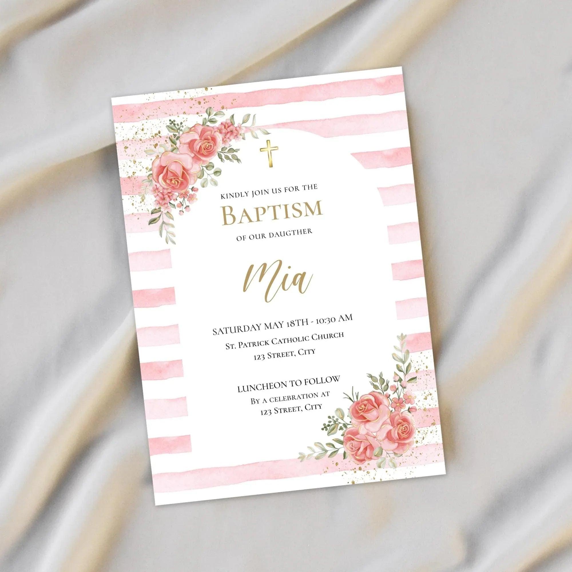 Editable Girl Baptism Invitation Pink Floral Template | Corjl Instant Download | Christening Invite Digital File - Lovely Printable Party