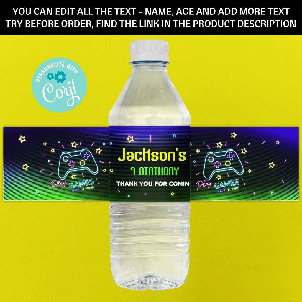 Neon Game party pack, Water bottle Label, Invitation, Welcome Sign, Printable Game Birthday, Digital Editable, Neon Gme Party favor - Lovely Printable Party