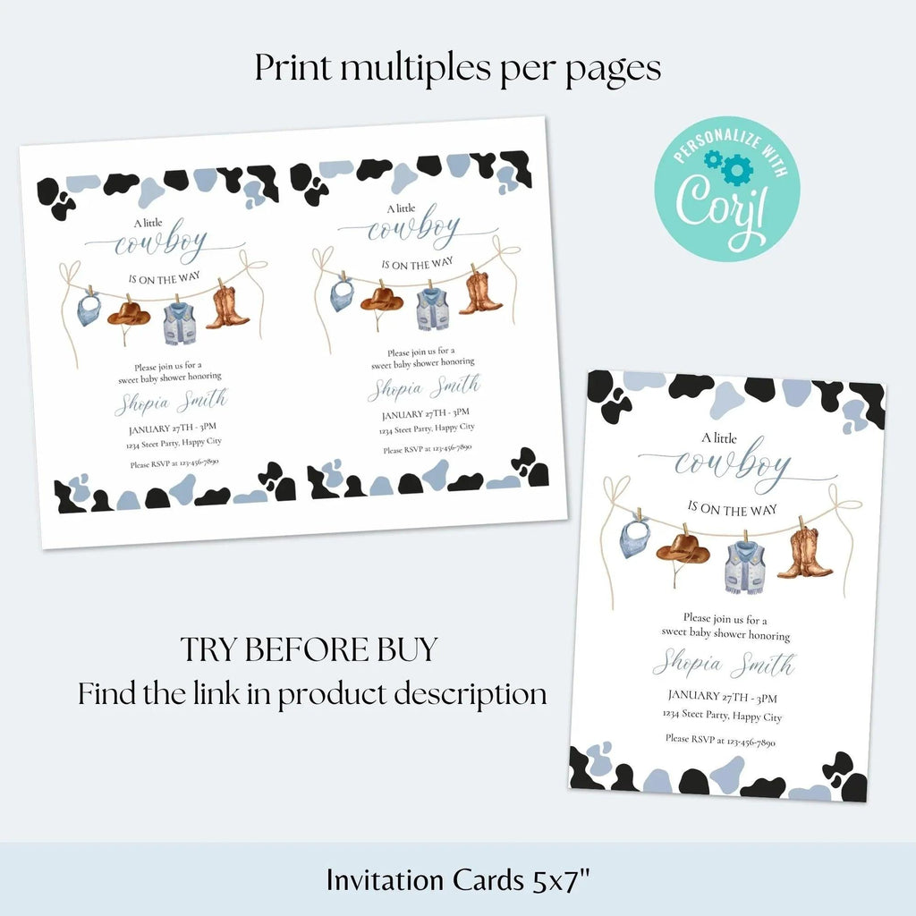 Little Cowboy Baby Shower Invitation – Editable via Corjl | Blue & Brown Western Cow Print | Digital Download - Lovely Printable Party
