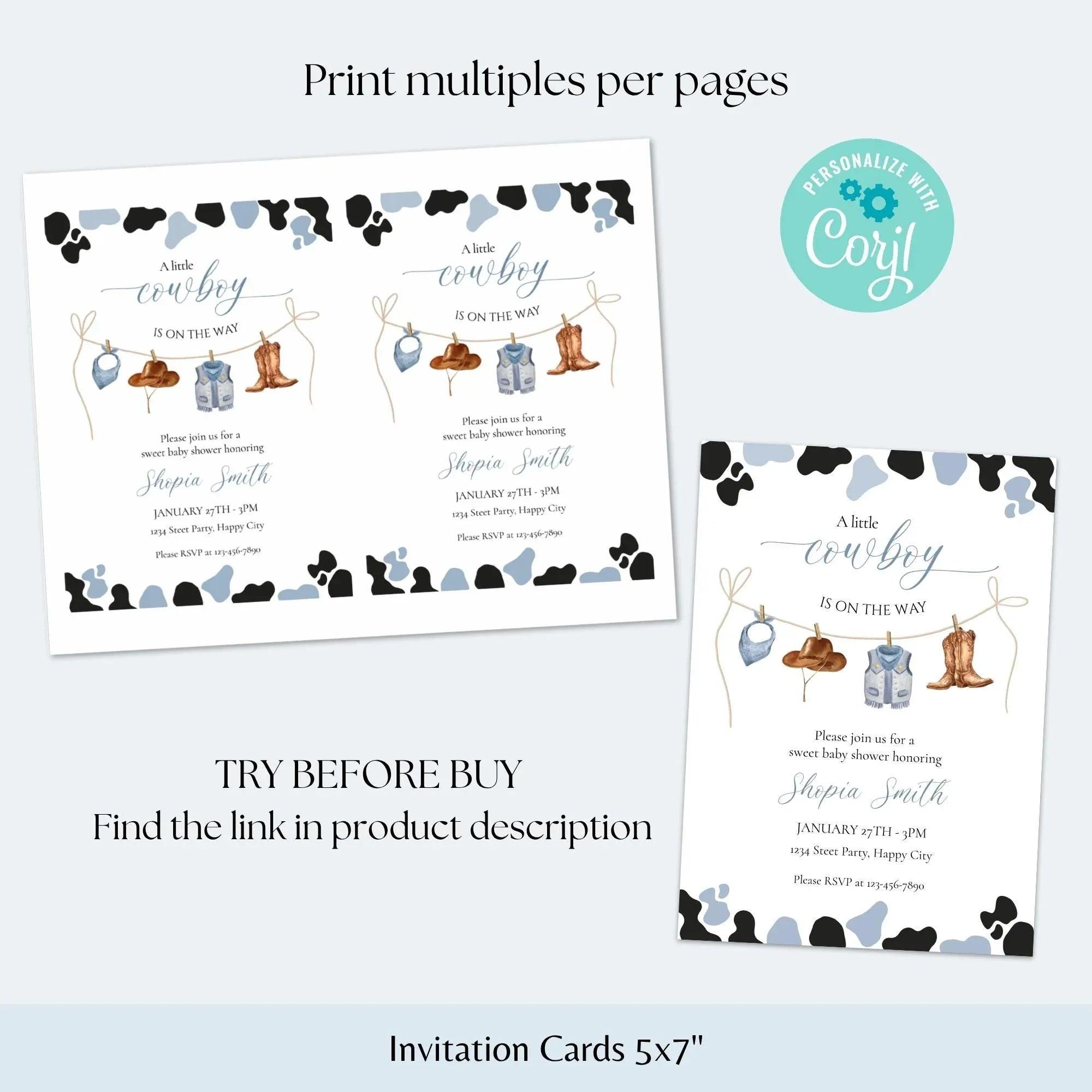 Little Cowboy Baby Shower Invitation – Editable via Corjl | Blue & Brown Western Cow Print | Digital Download - Lovely Printable Party