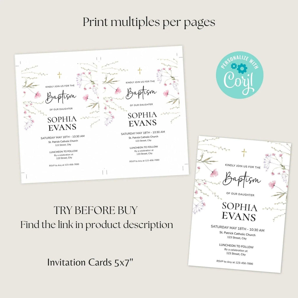 Girl Baptism Invitation Template | Corjl Printable Baptism Invite | Floral Christening Invitation | Religious Invitation card - Lovely Printable Party