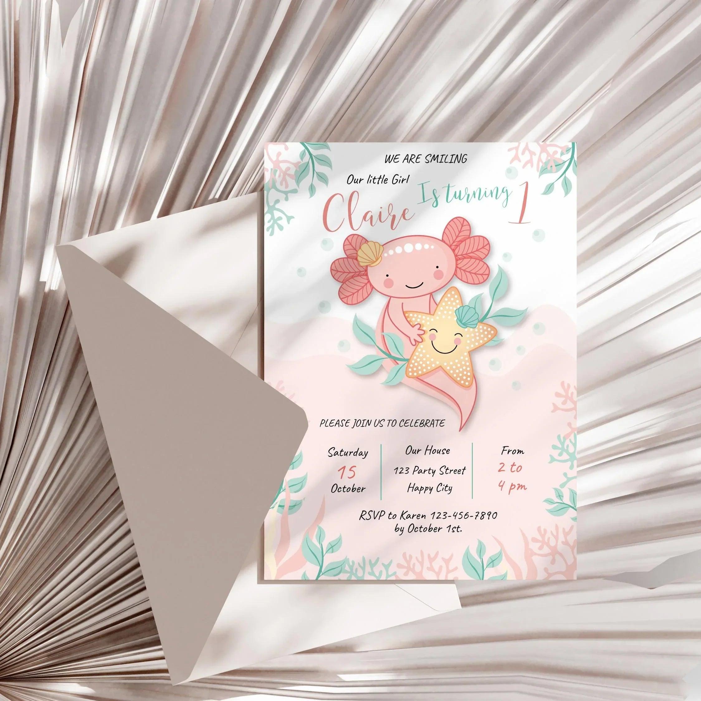 Axolotl Pink Birthday Invitation Instant Download Digital template - Lovely Printable Party