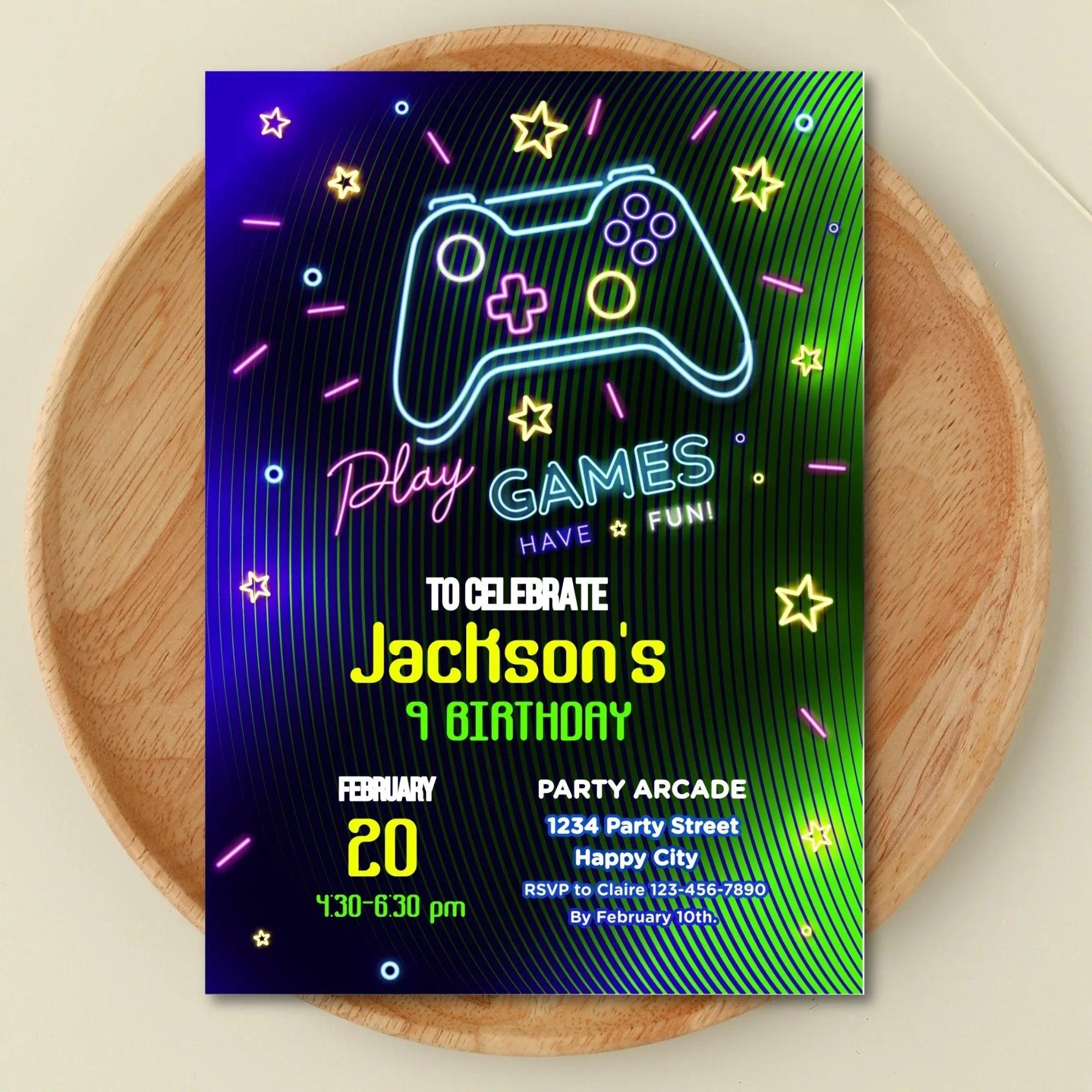 Neon Game party pack, Water bottle Label, Invitation, Welcome Sign, Printable Game Birthday, Digital Editable, Neon Gme Party favor - Lovely Printable Party