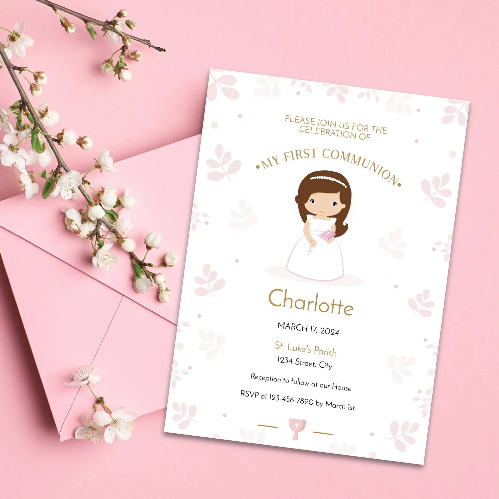 Pink Flowers Communion Invitation - Lovely Party