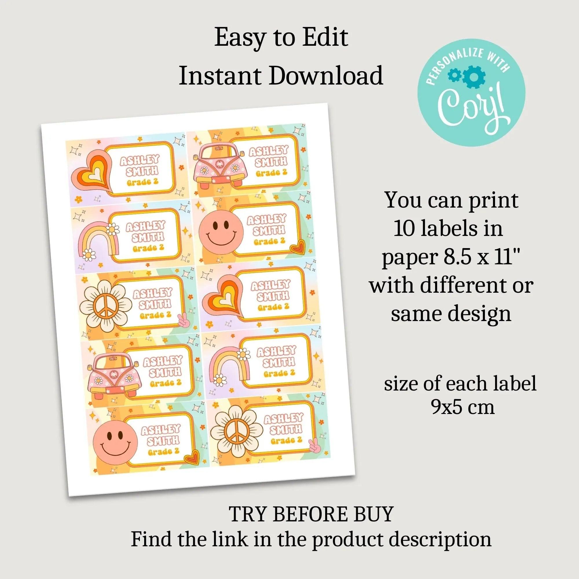 Retro Groovy School labels, Classroom Printables, Name labels for kids, Classroom Labels, School supply labels, Editable Labels - Lovely Printable Party