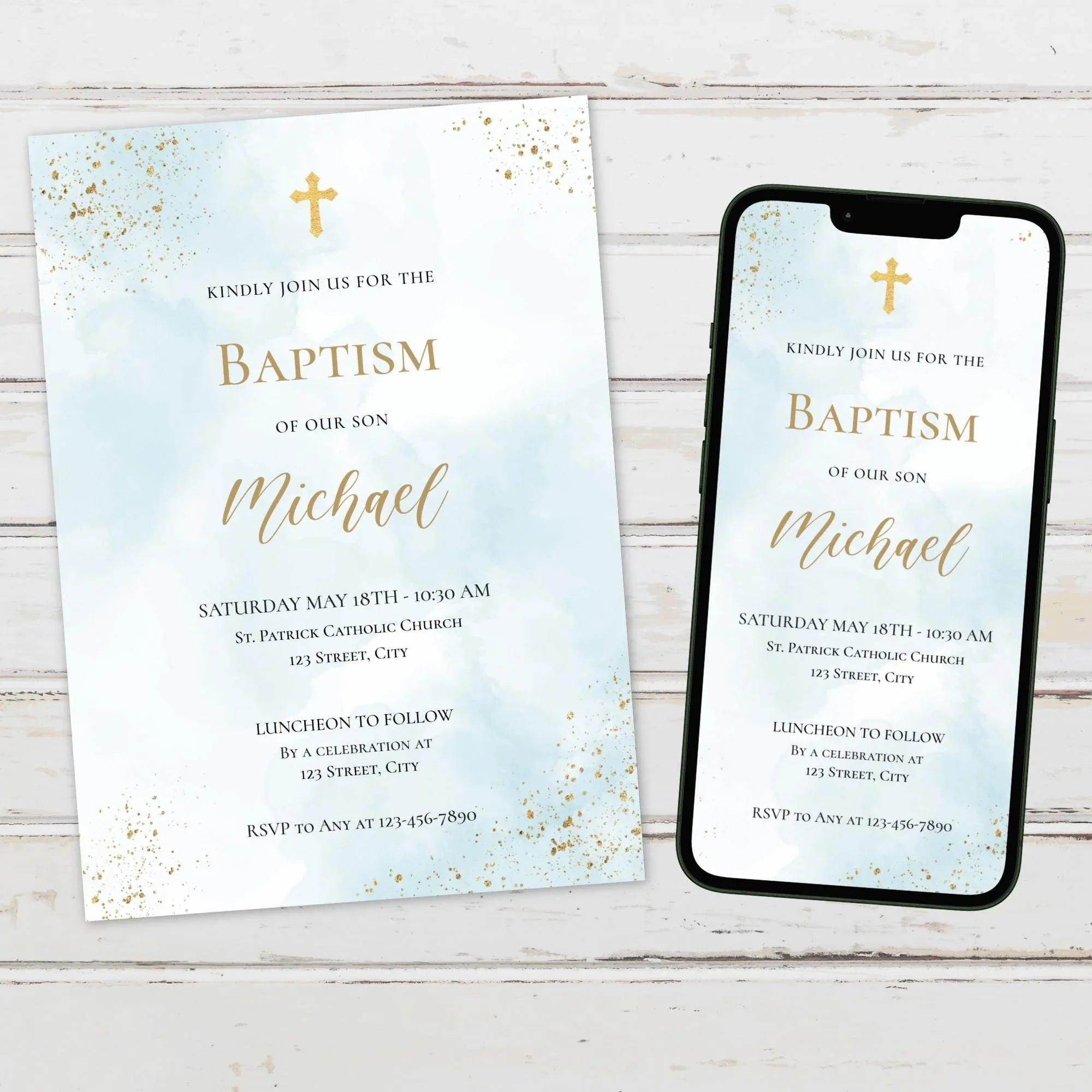 Catholic Baptism Invitation Boy | Editable Christening Invitation Template | Baby Baptism Digital Invite | Printable Baptism Card for Son - Lovely Printable Party