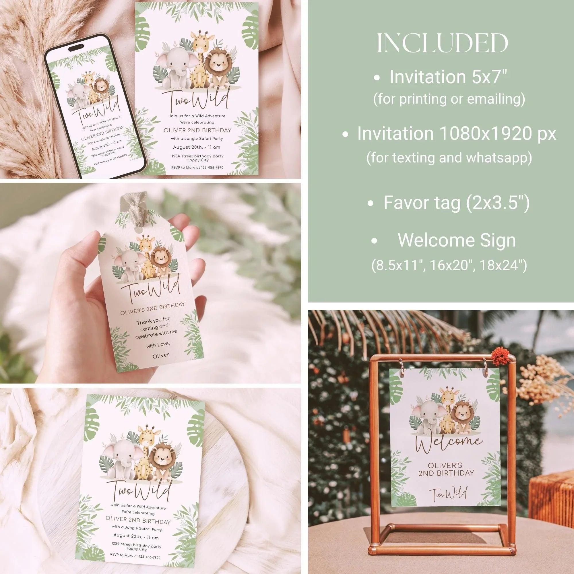 Two wild Birthday Invitation Bundle Editable | Safari Jungle Party Set Corjl | Welcome Sign + Favor Tag + Phone Invite | Digital Printable - Lovely Printable Party