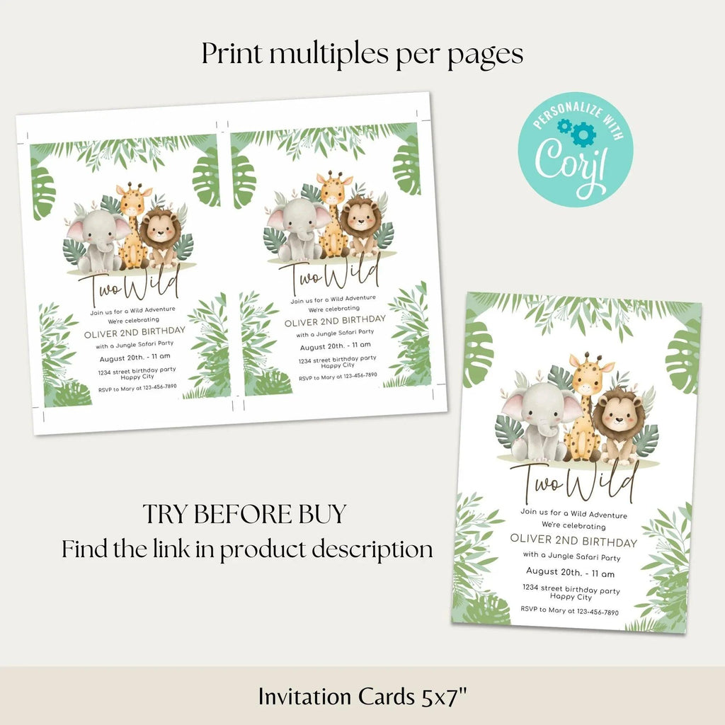 Two Wild 2nd Birthday Invitation Editable | Safari Jungle Party Invite Corjl | Digital Printable for Boy or Girl Birthday - Lovely Printable Party
