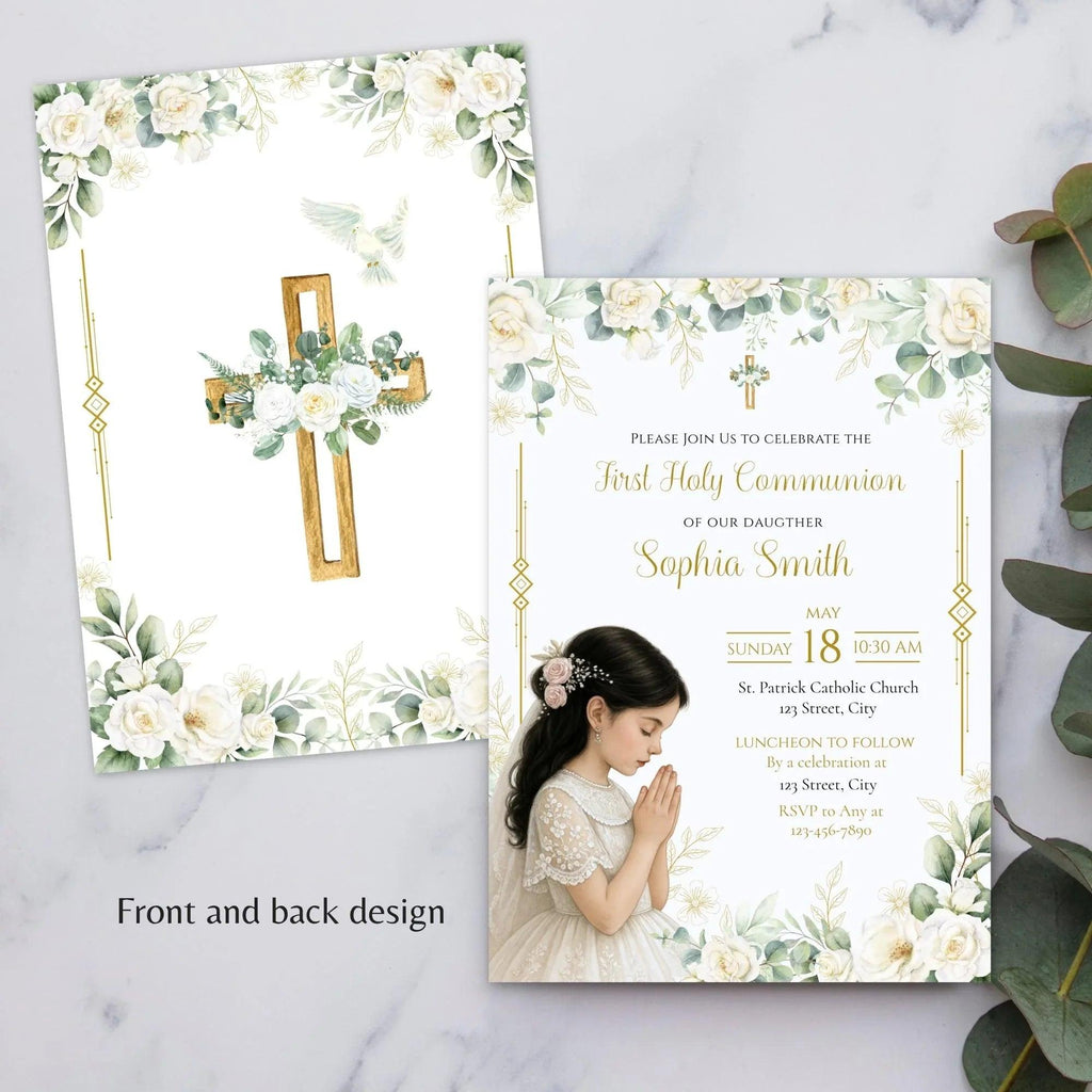 Elegant First Communion Invitation Girl | White Floral Gold Cross Editable Corjl Template | Digital Holy Communion Party Invite - Lovely Printable Party