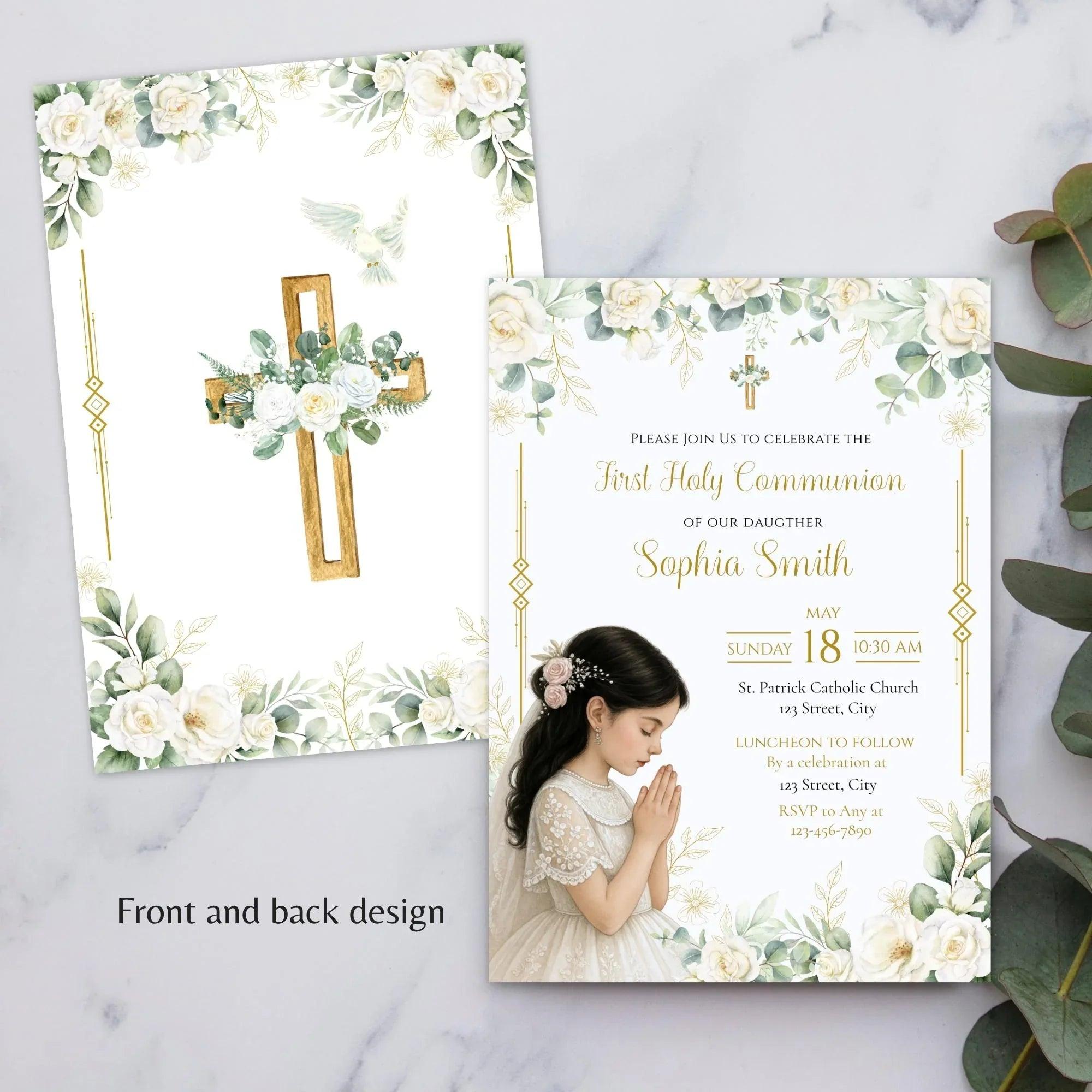 Elegant First Communion Invitation Girl | White Floral Gold Cross Editable Corjl Template | Digital Holy Communion Party Invite - Lovely Printable Party