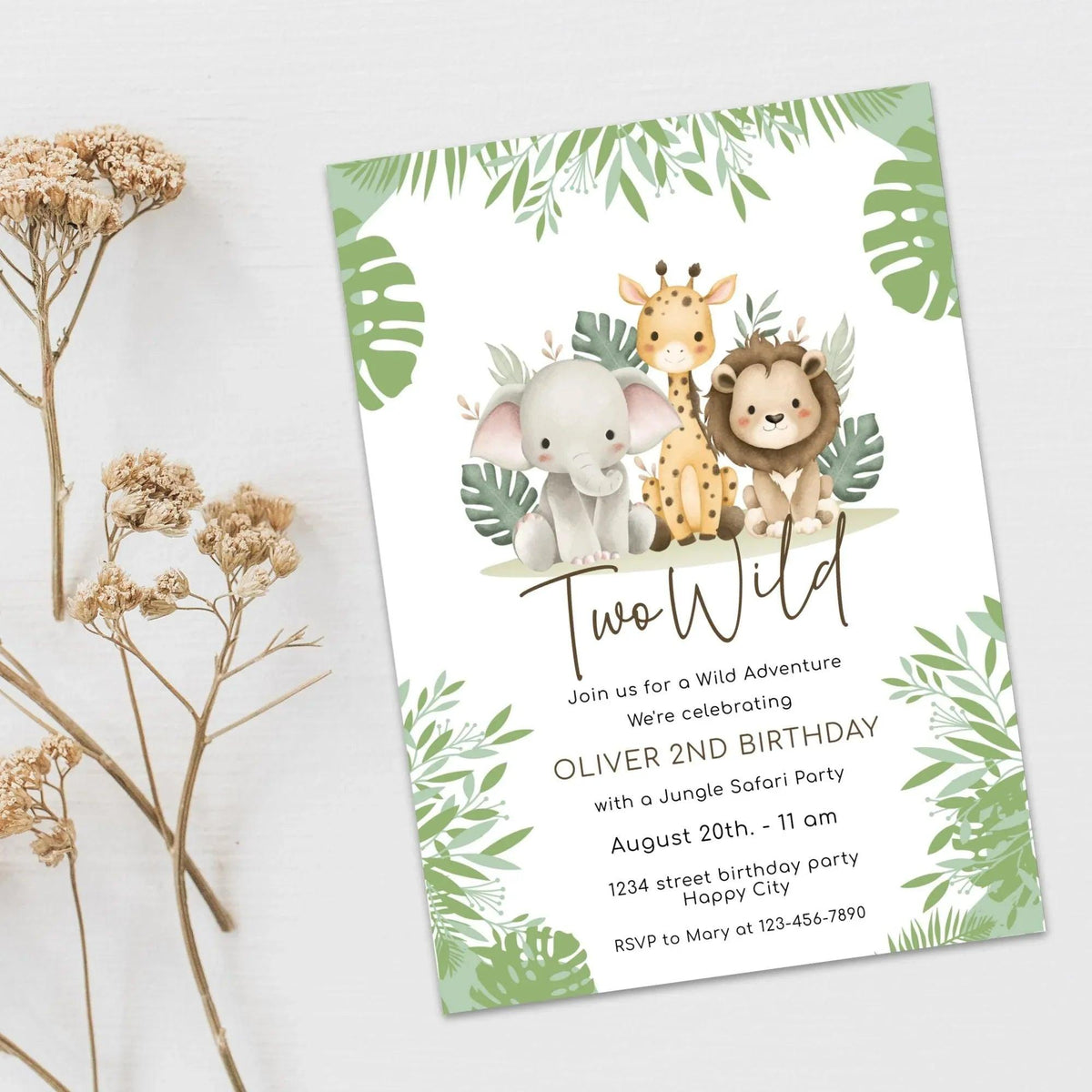 Two Wild 2nd Birthday Invitation Editable | Safari Jungle Party Invite Corjl | Digital Printable for Boy or Girl Birthday - Lovely Printable Party