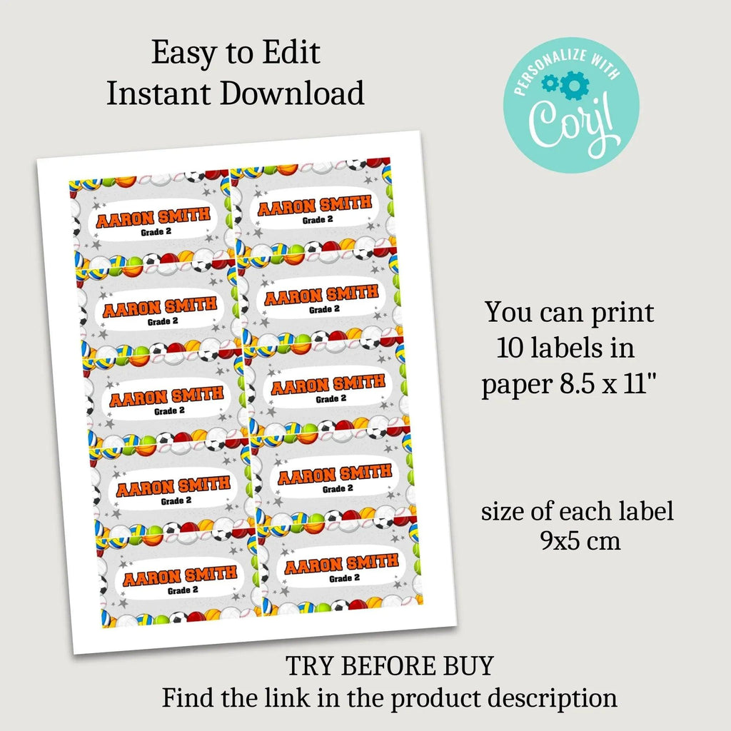 Sports Printables Labels, Preschool labels, Personalized kids labels, Children's Name Labels, School supplies stickers, School Name Labels - Lovely Printable Party