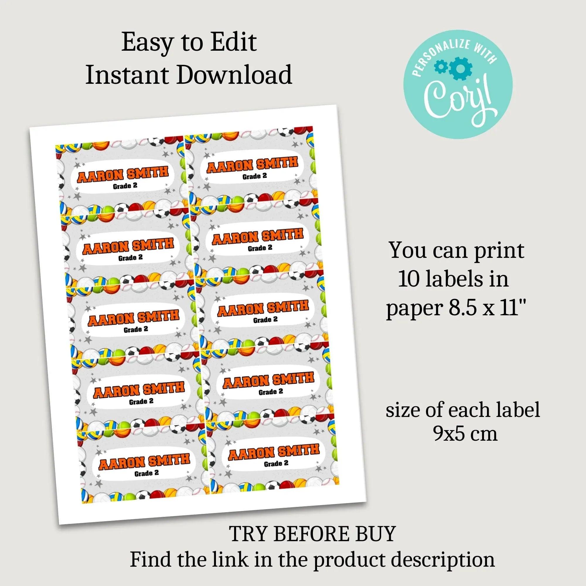 Sports Printables Labels, Preschool labels, Personalized kids labels, Children's Name Labels, School supplies stickers, School Name Labels - Lovely Printable Party