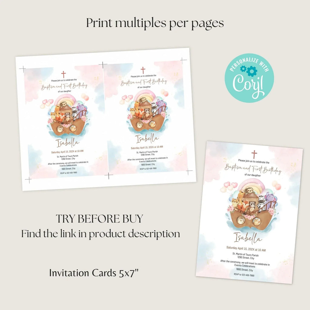 Girl Noah's Ark Baptism and First Birthday Invitation - Lovely Party