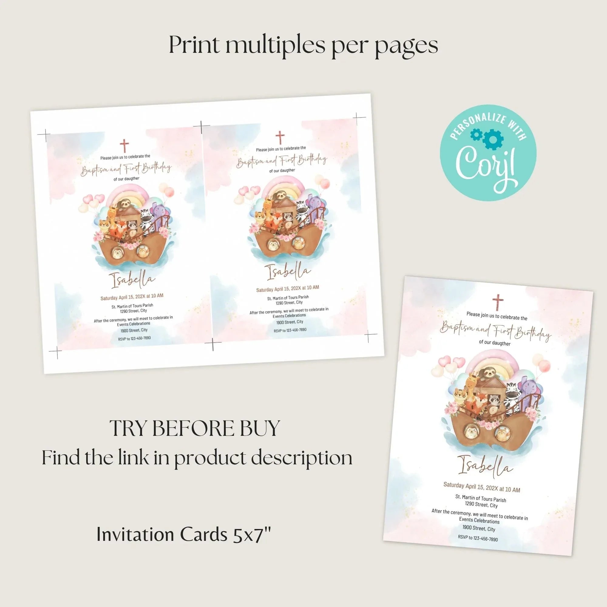 Girl Noah's Ark Baptism and First Birthday Invitation - Lovely Party