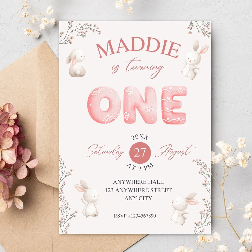 Watercolor Rabbit Birthday Invitation, Rabbit 1st Birthday Invite, Girl Bunny Birthday, Pink Floral, Editable Bunny, Invite Template - Lovely Party