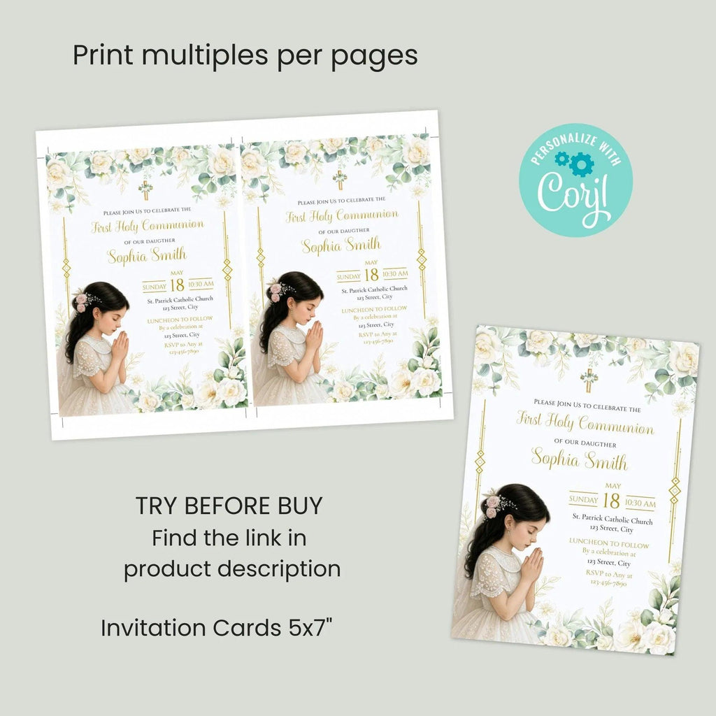 Elegant First Communion Invitation Girl | White Floral Gold Cross Editable Corjl Template | Digital Holy Communion Party Invite - Lovely Printable Party