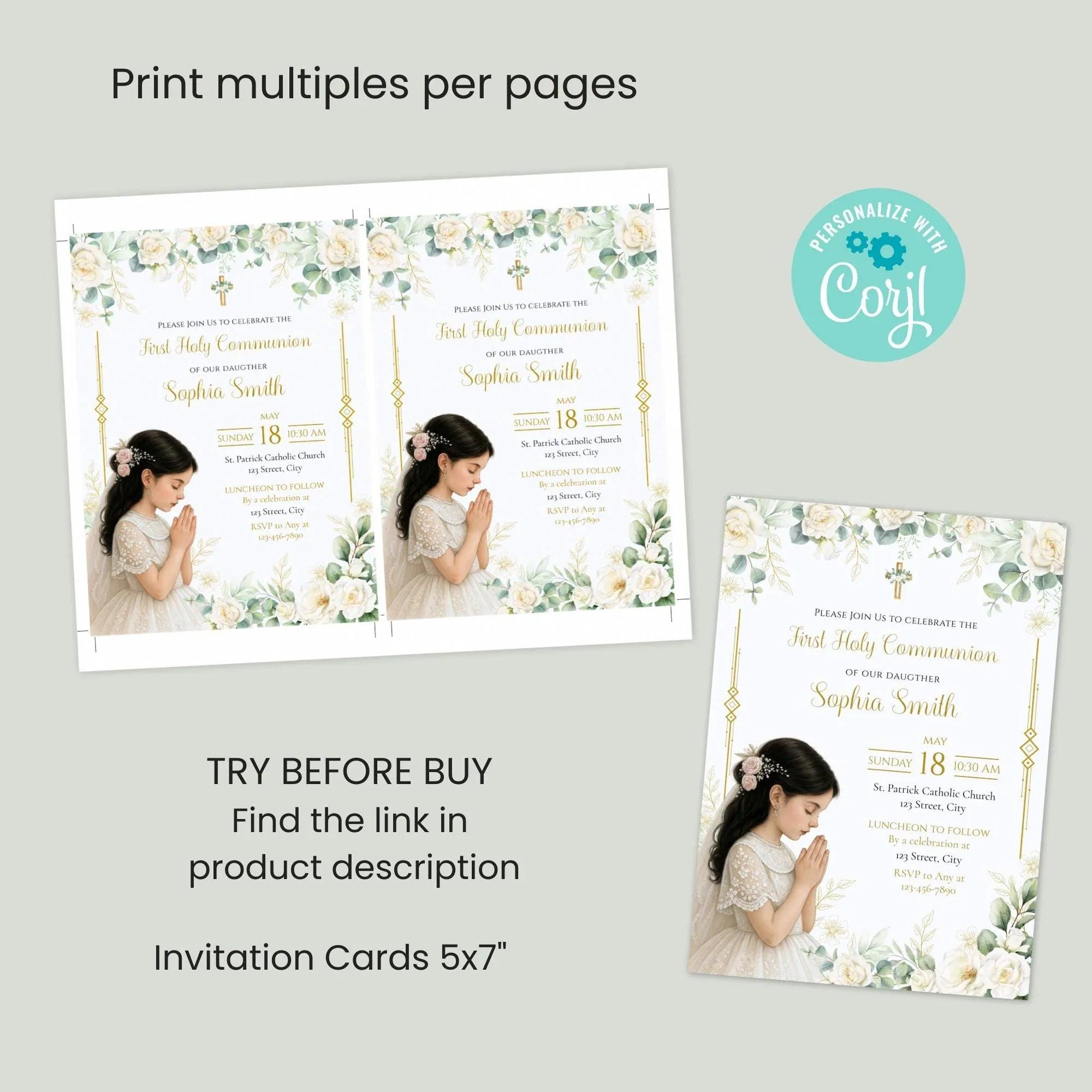 Elegant First Communion Invitation Girl | White Floral Gold Cross Editable Corjl Template | Digital Holy Communion Party Invite - Lovely Printable Party