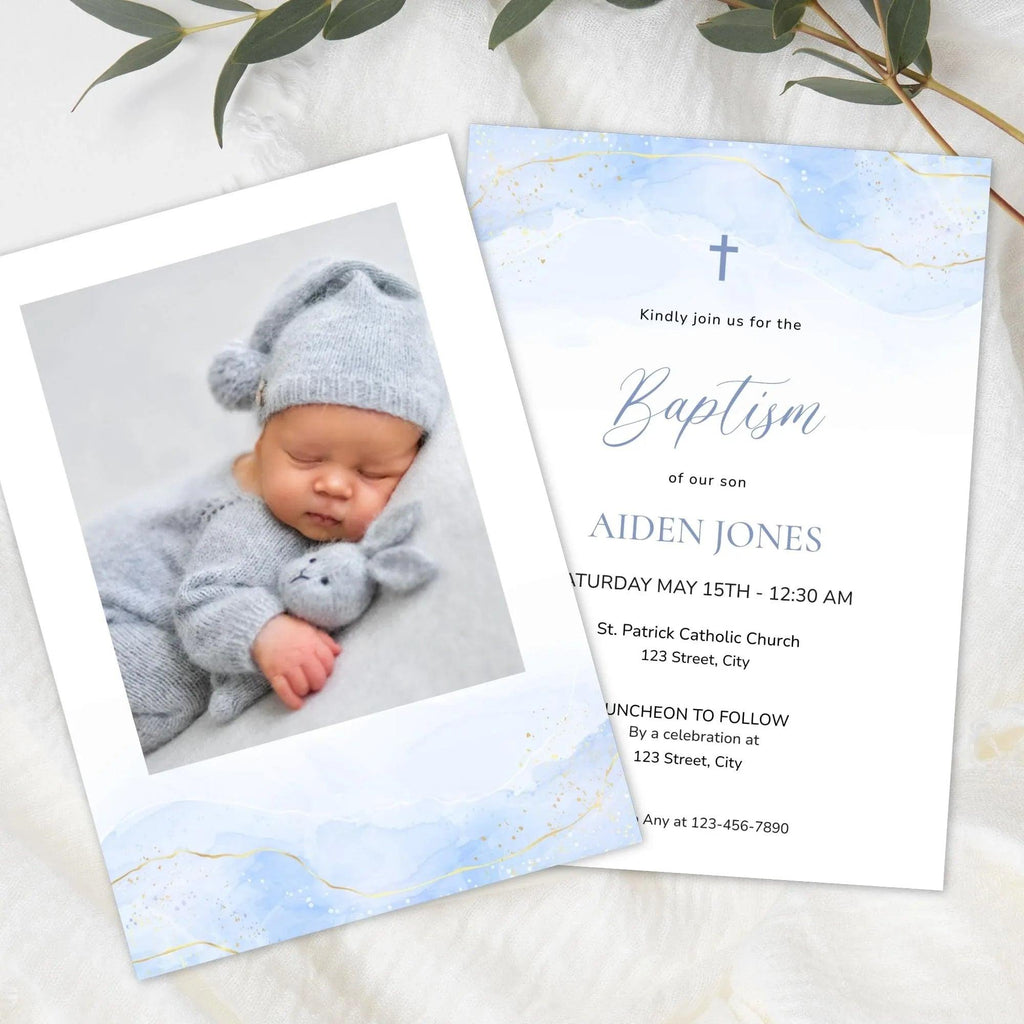 Blue Baptism Invitation Boy Editable Template – Digital Christening Card with Photo – Corjl Baby Boy Baptism Invite - Lovely Printable Party