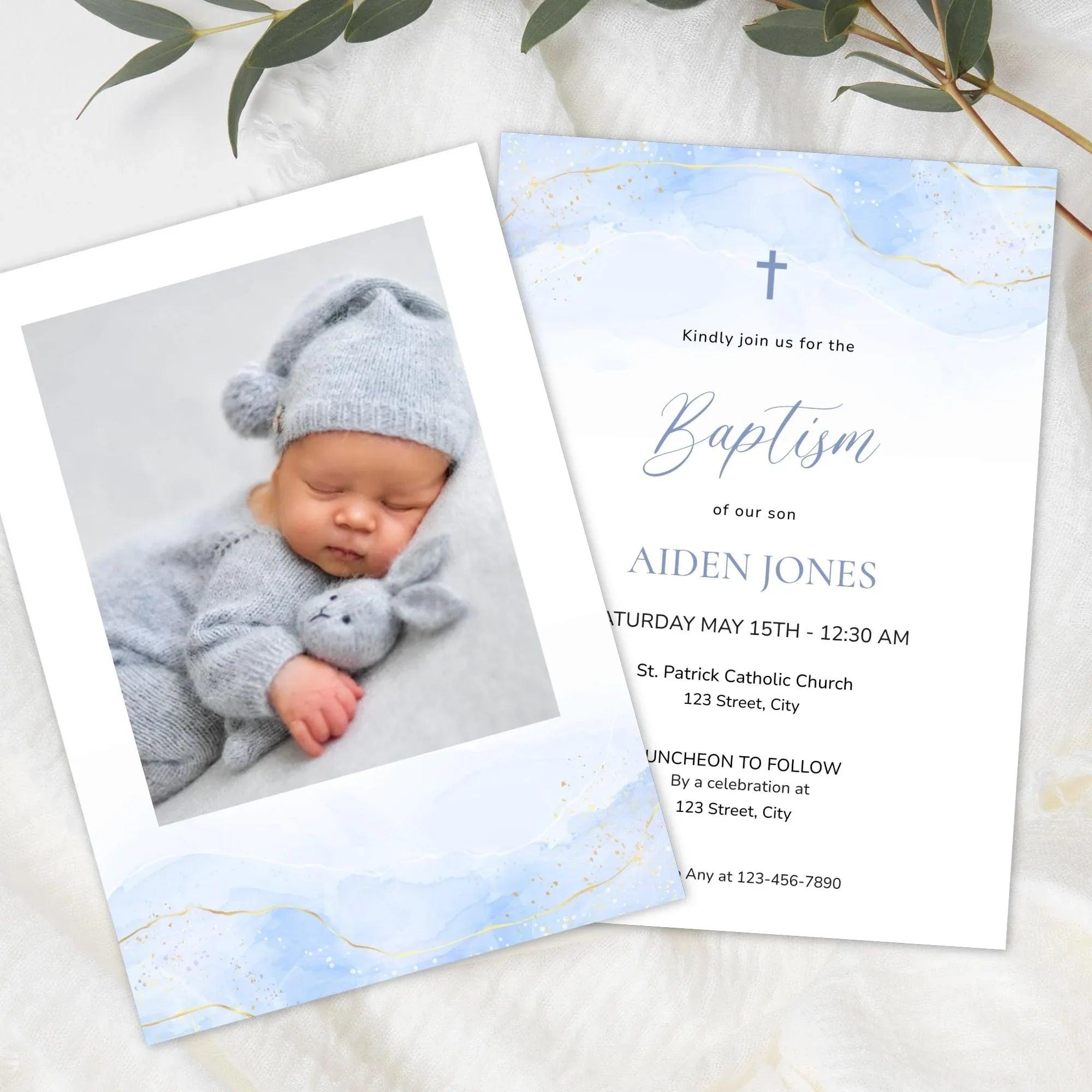 Blue Baptism Invitation Boy Editable Template – Digital Christening Card with Photo – Corjl Baby Boy Baptism Invite - Lovely Printable Party
