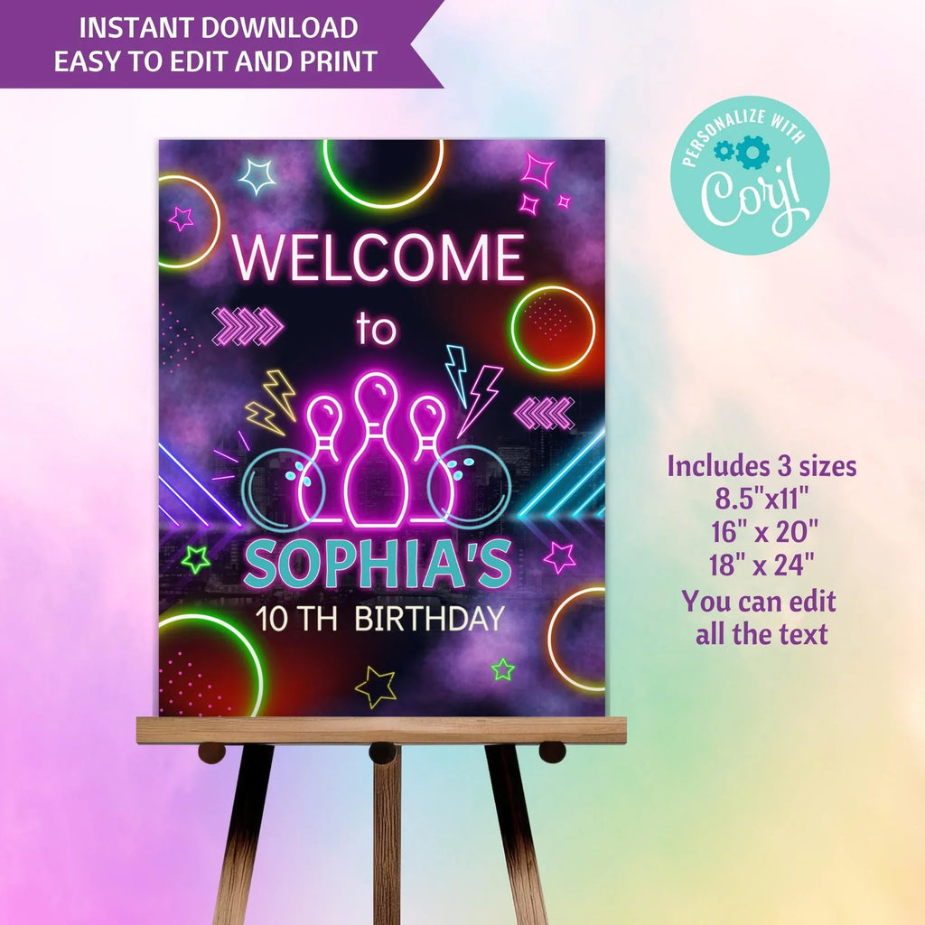 Neon Bowling Birthday Welcome Sign - Editable Corjl Template - Lovely Party