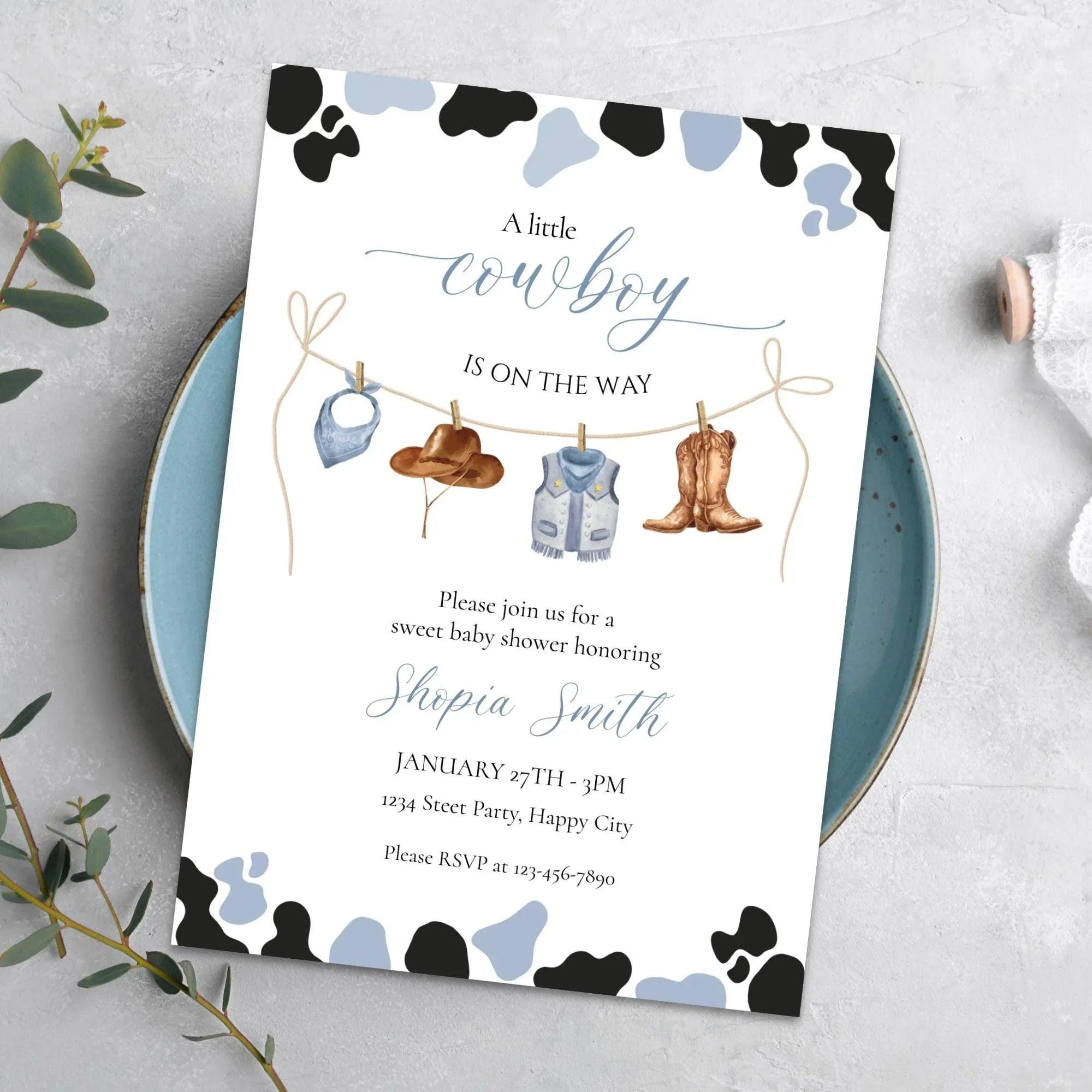 Little Cowboy Baby Shower Invitation – Editable via Corjl | Blue & Brown Western Cow Print | Digital Download - Lovely Printable Party