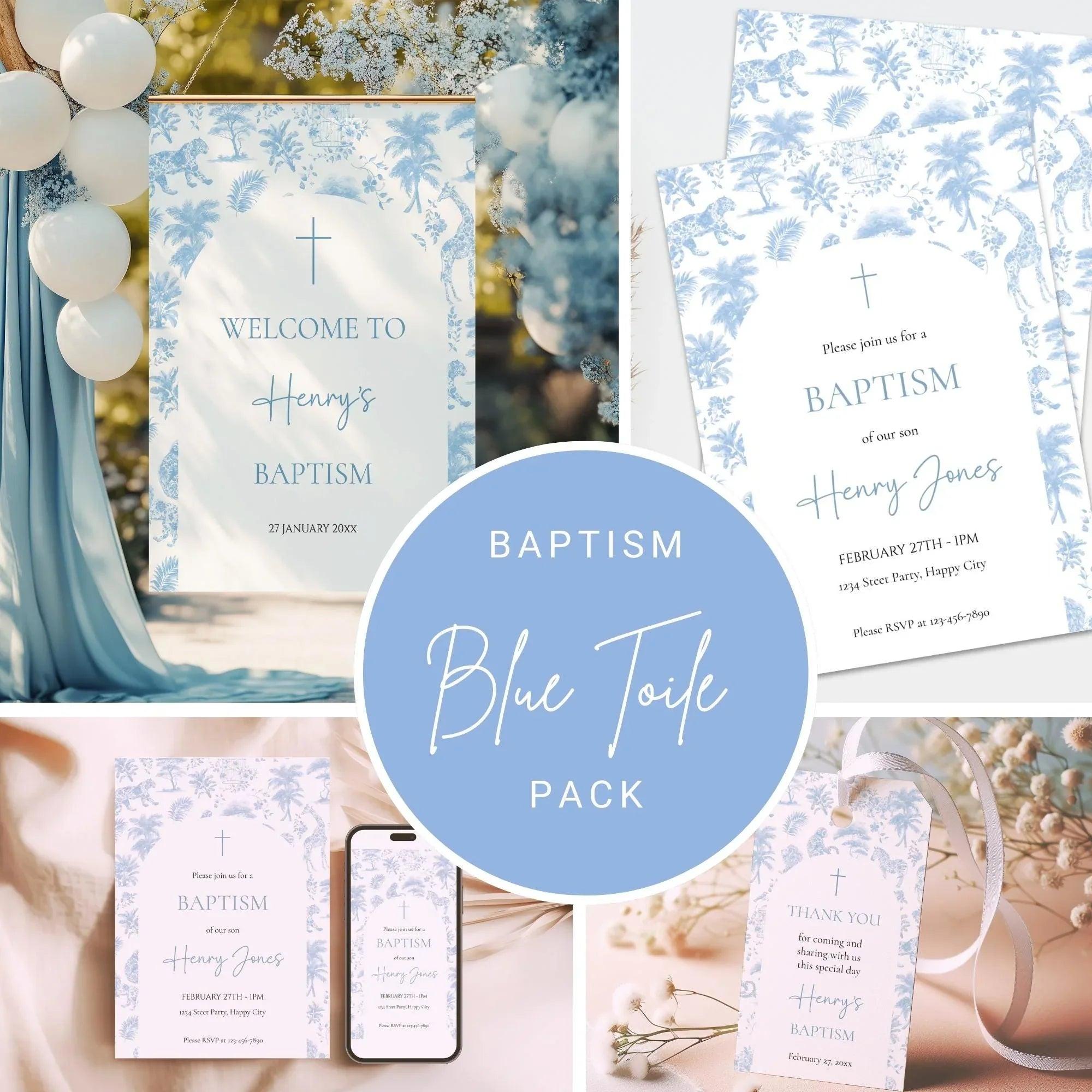 Blue Toile de Jouy Baptism Bundle – Invitation, Welcome Sign & Favor Tag – Safari Jungle Animals Party Set – Editable and Printable - Lovely Printable Party