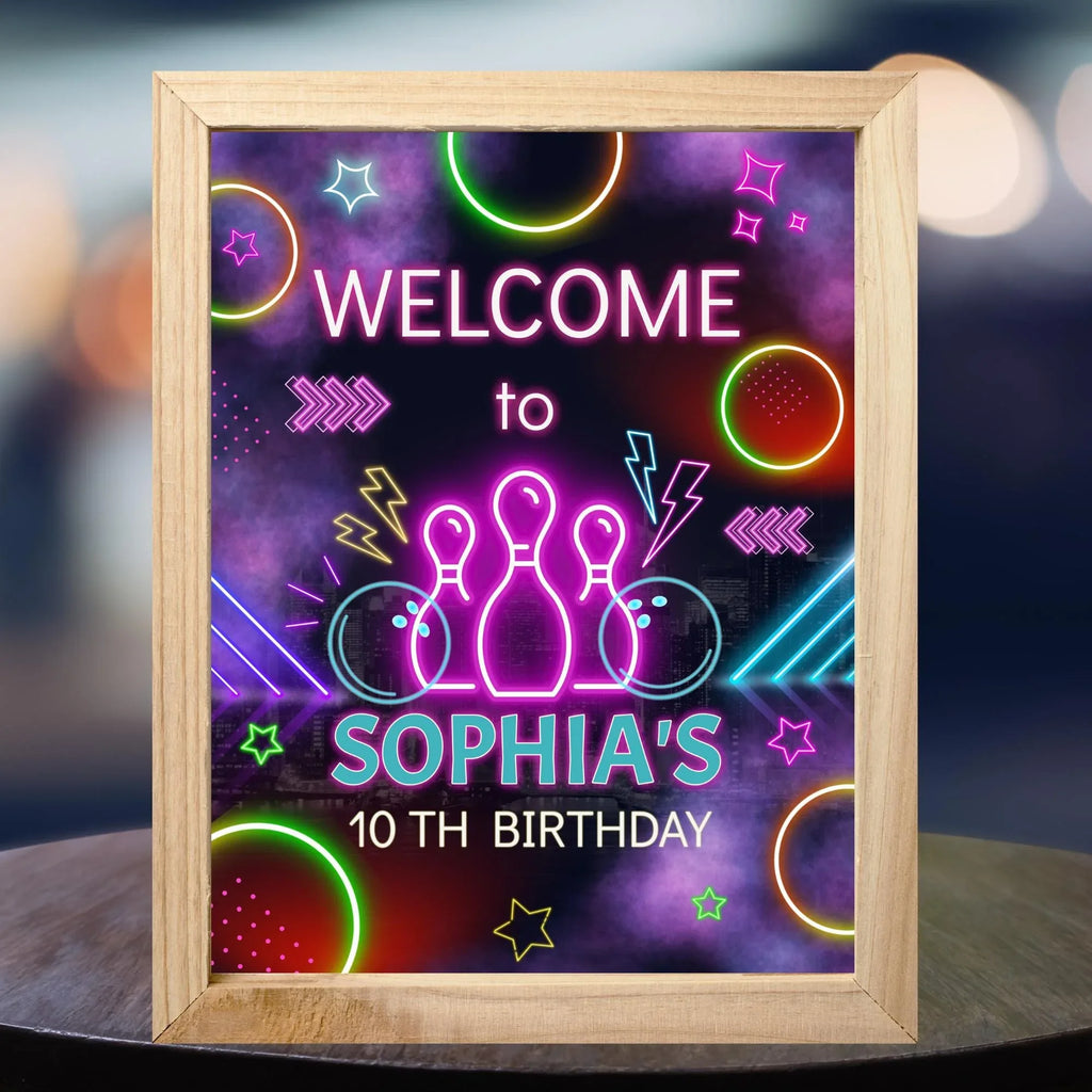 Neon Bowling Birthday Welcome Sign - Editable Corjl Template - Lovely Party