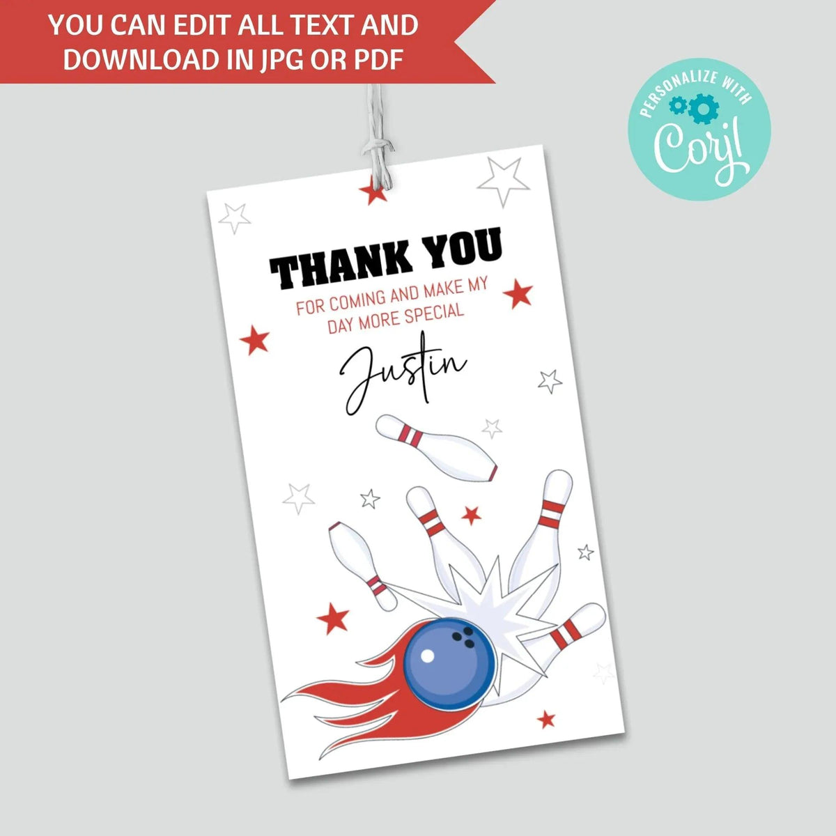 Editable Bowling Birthday Invitation and tag Minimalist - Bowling Birthday Invitation - Bowling Party tag - Customizable template - Lovely Printable Party