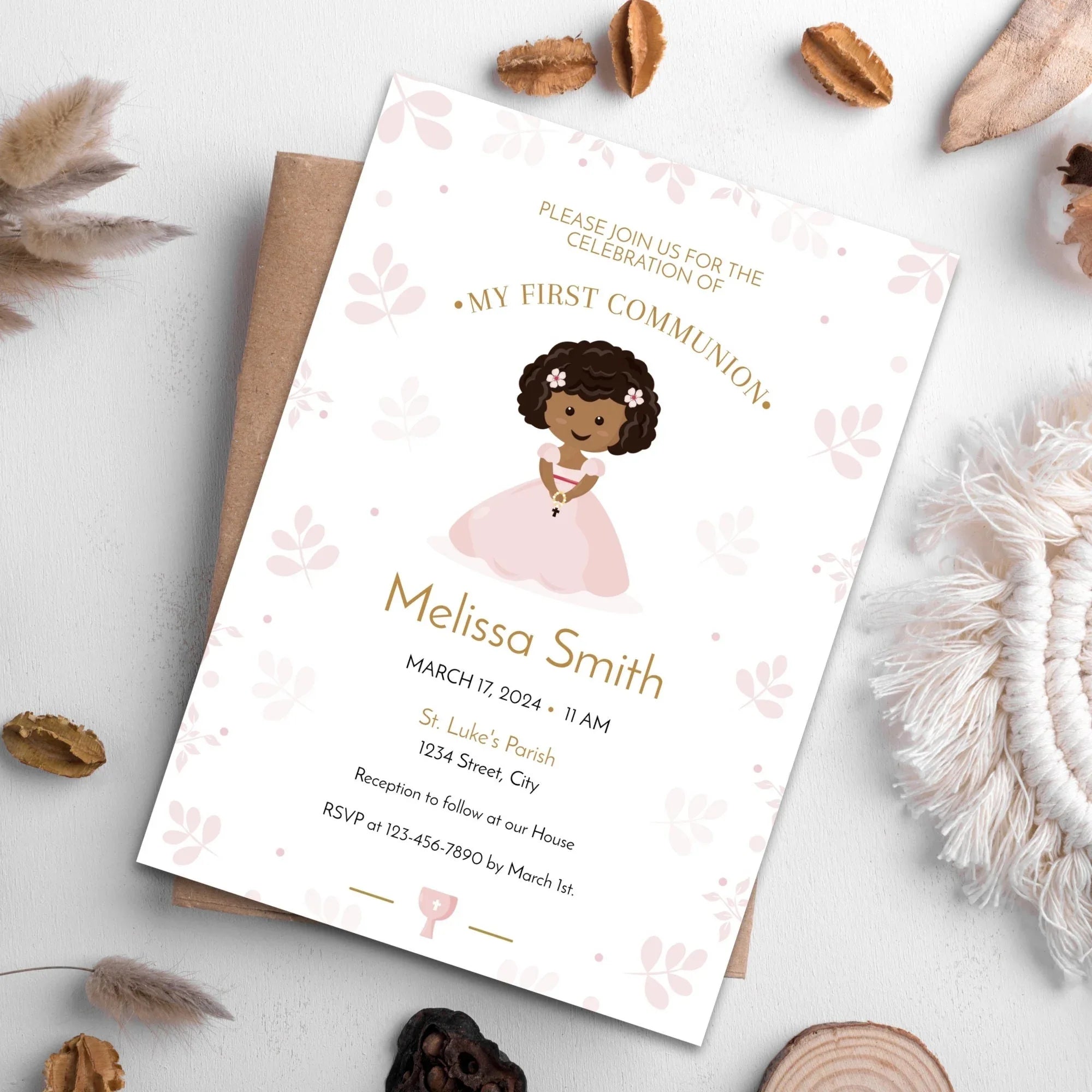 Pink leaves First Holy Communion Invitation - Lovely Party