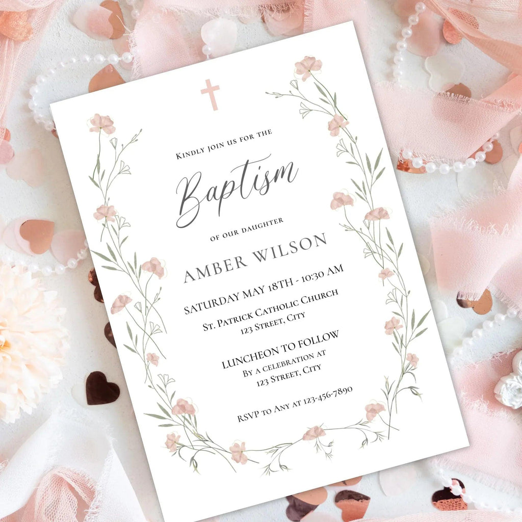 Baptism Invitation Girl Editable – Pink Floral Corjl Template – Wildflowers Christening Invite – Printable Digital File - Lovely Printable Party
