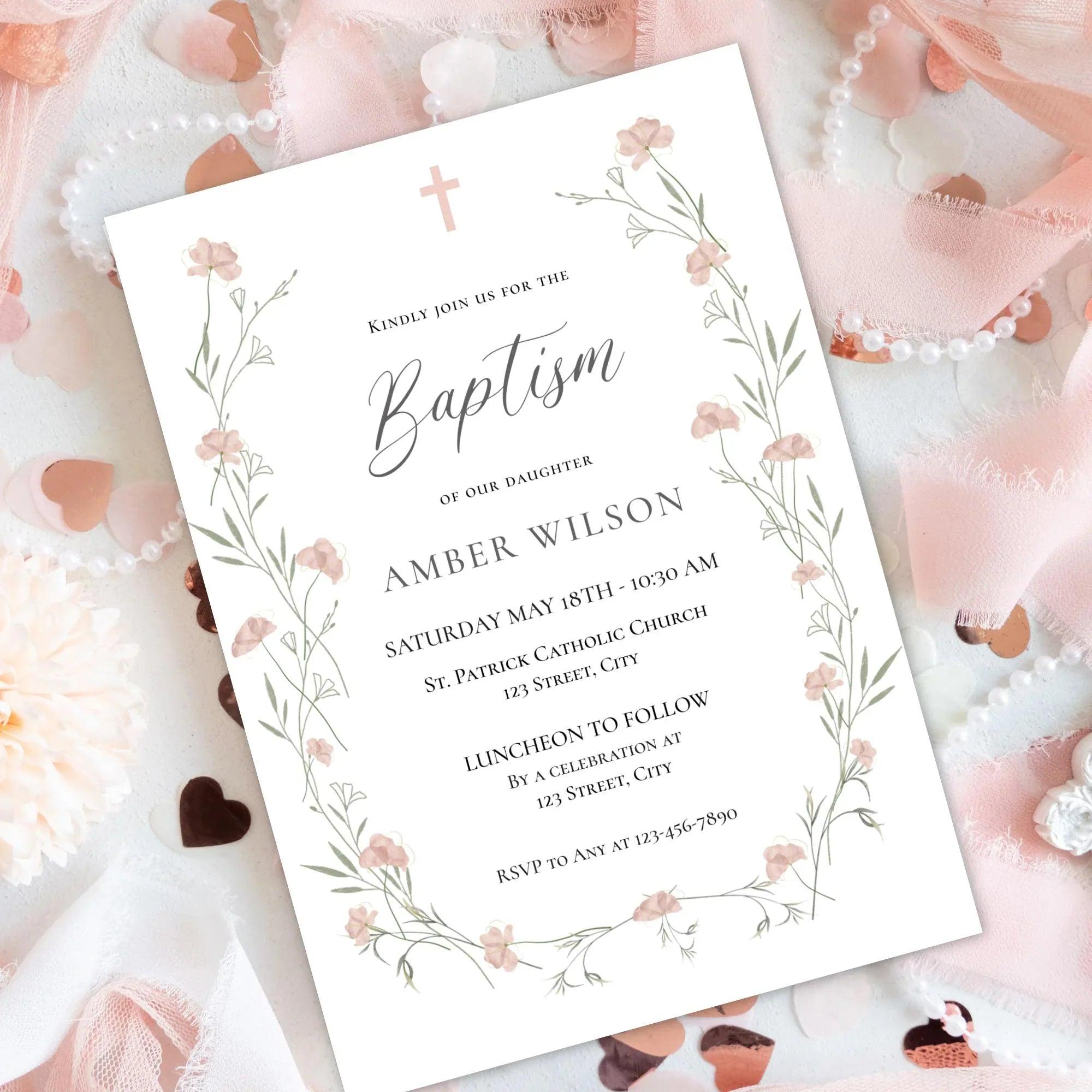 Baptism Invitation Girl Editable – Pink Floral Corjl Template – Wildflowers Christening Invite – Printable Digital File - Lovely Printable Party