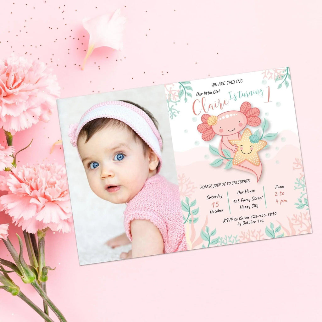 Axolotl Birthday Photo Invitation Instant Download Digital Template - Lovely Printable Party