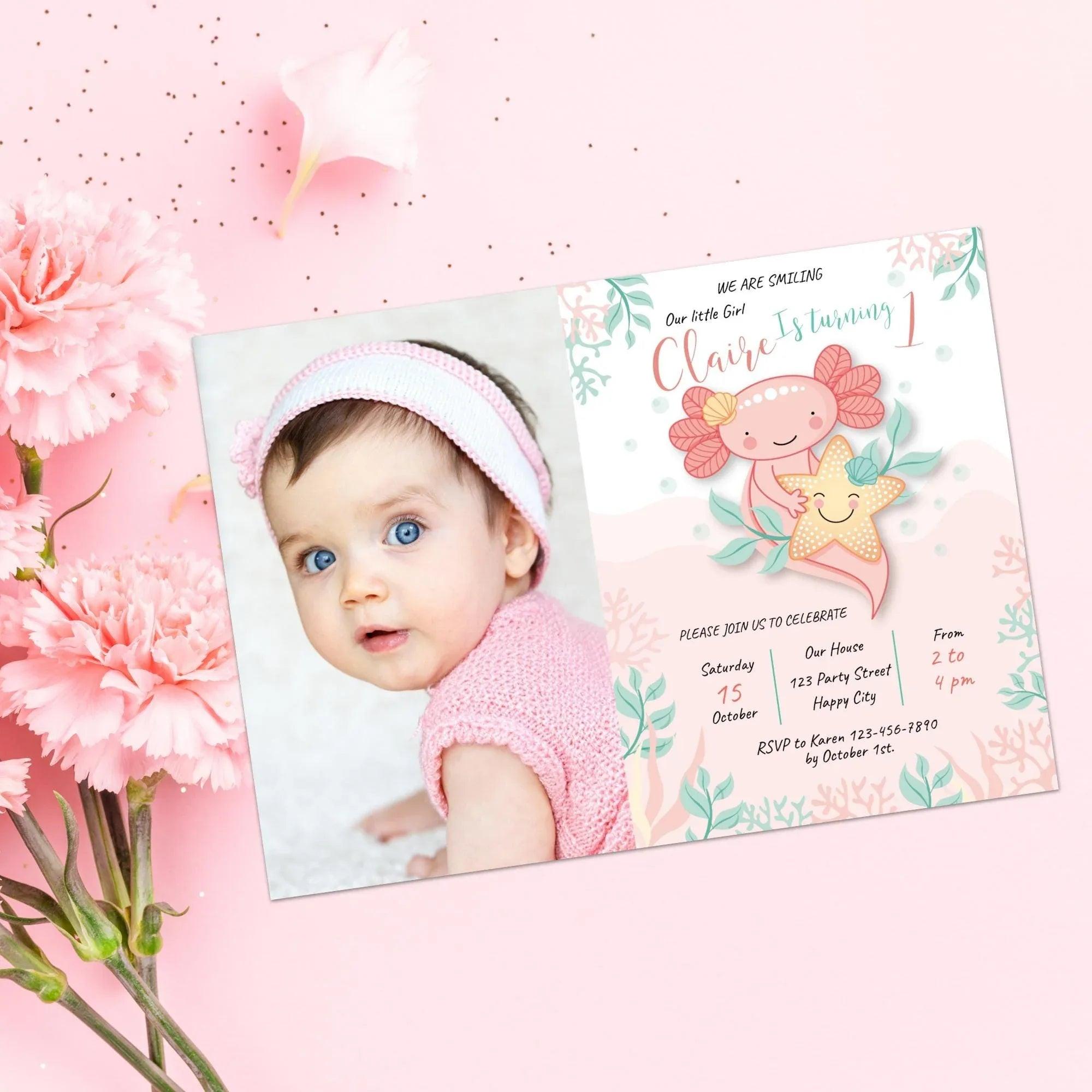 Axolotl Birthday Photo Invitation Instant Download Digital Template - Lovely Printable Party